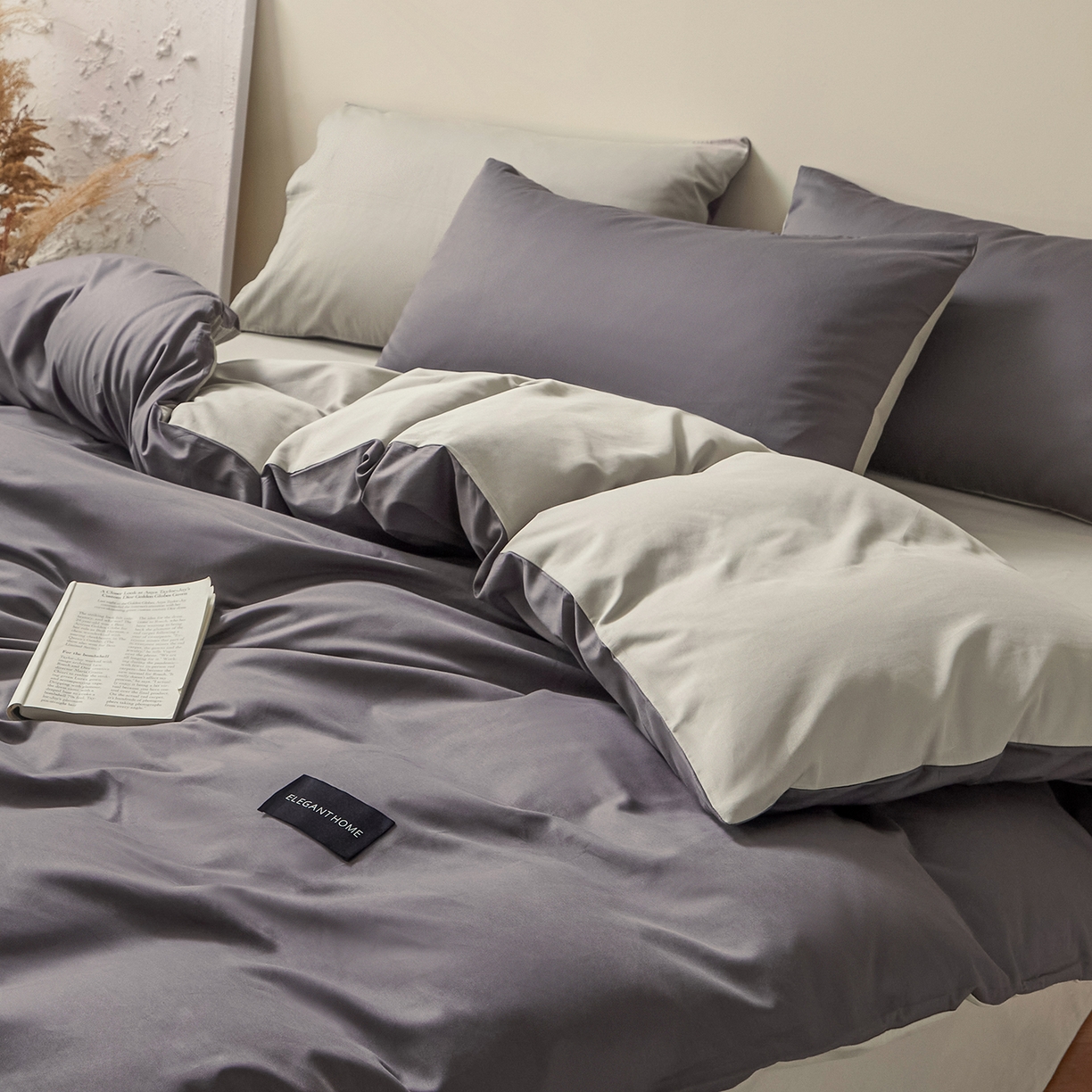 91家纺网 家纺一手货源 找家纺 寐眠 2026新款全棉纯棉纯色双拼四件套 灰调秘境