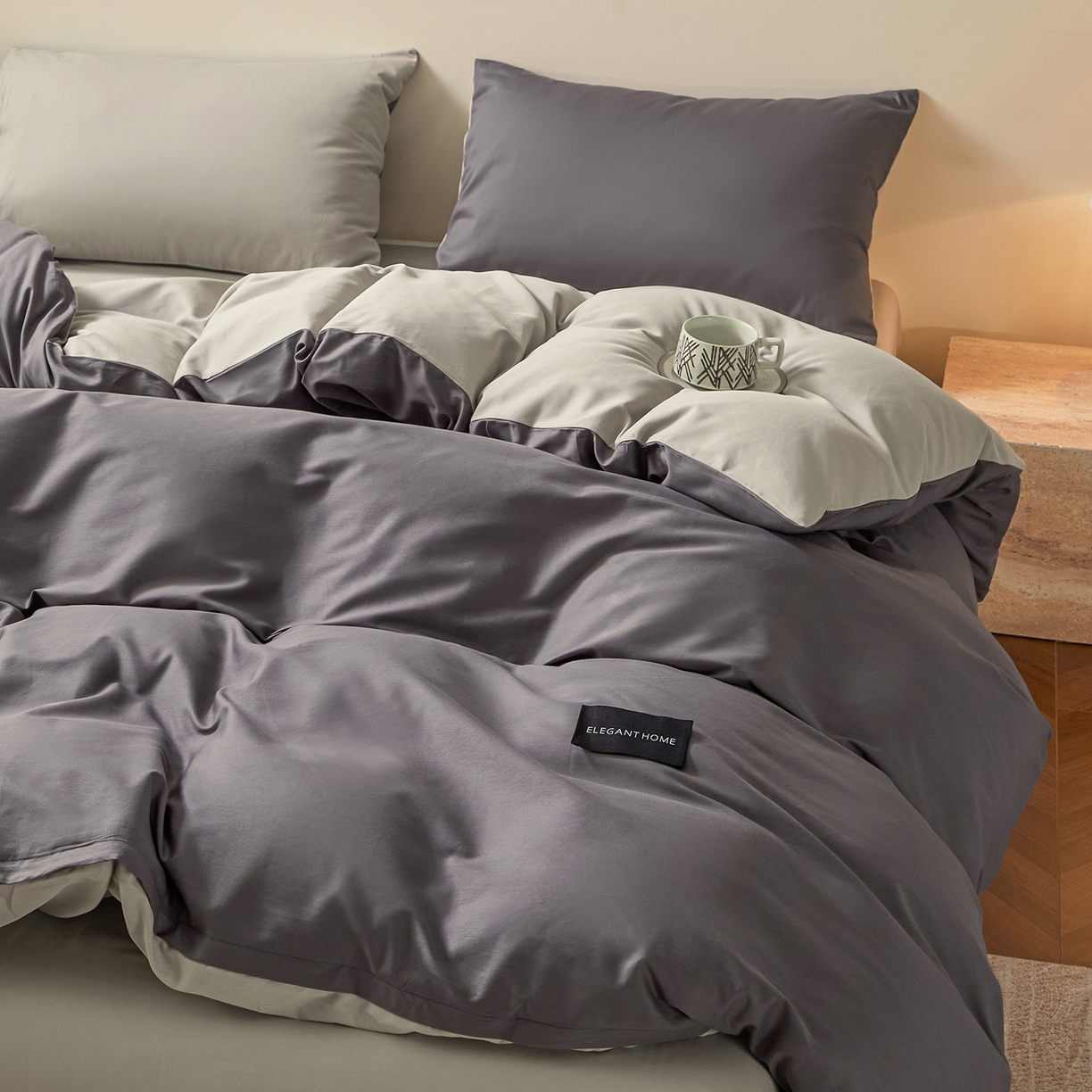 91家纺网 家纺一手货源 找家纺 寐眠 2026新款全棉纯棉纯色双拼四件套 灰调秘境