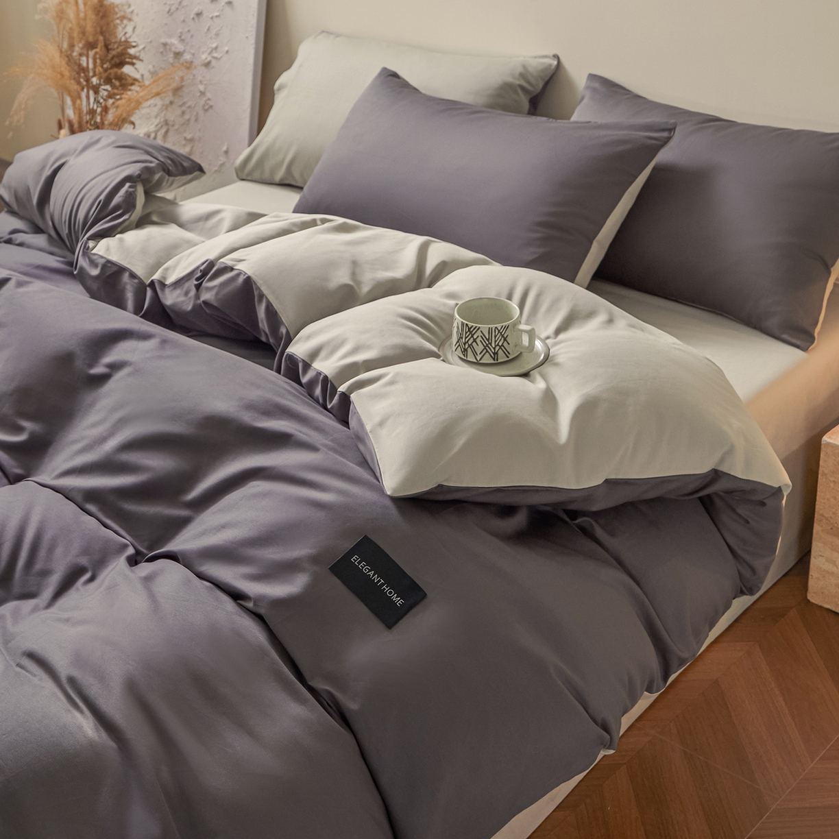 91家纺网 家纺一手货源 找家纺 寐眠 2026新款全棉纯棉纯色双拼四件套 灰调秘境