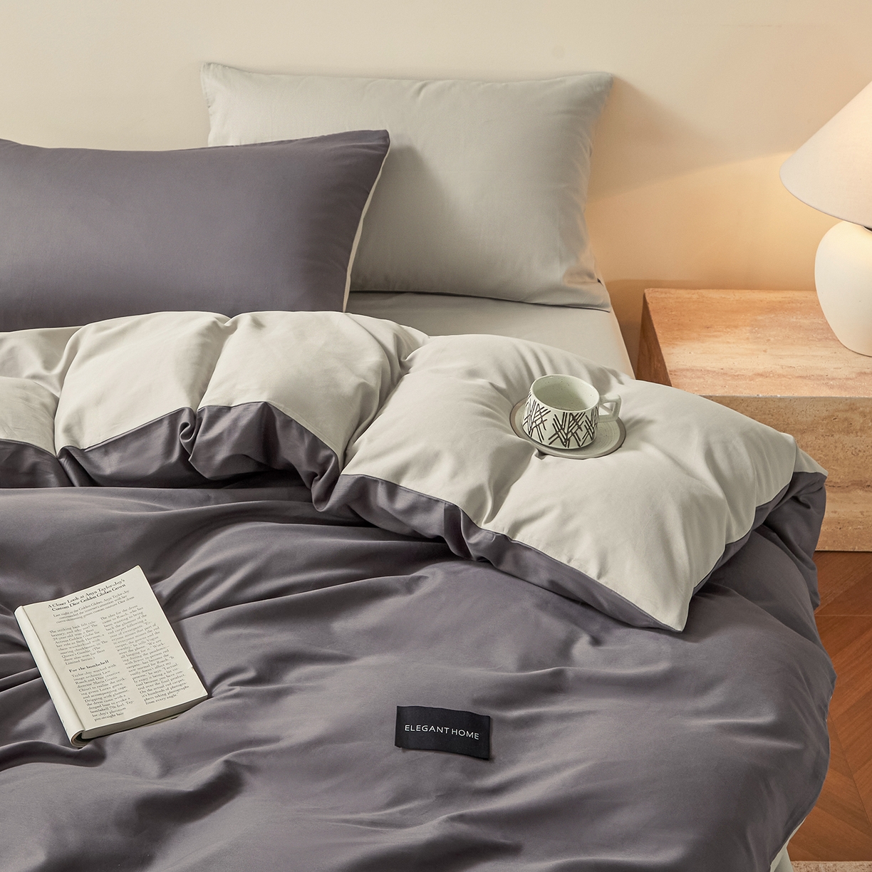 91家纺网 家纺一手货源 找家纺 寐眠 2026新款全棉纯棉纯色双拼四件套 灰调秘境