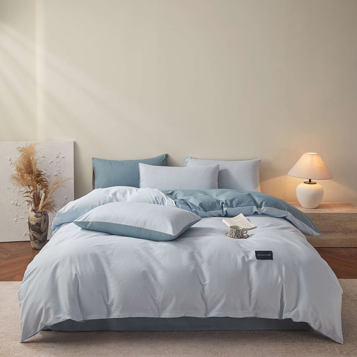 91家纺网 家纺一手货源 找家纺 寐眠 2026新款全棉纯棉纯色双拼四件套 浅蓝灰韵