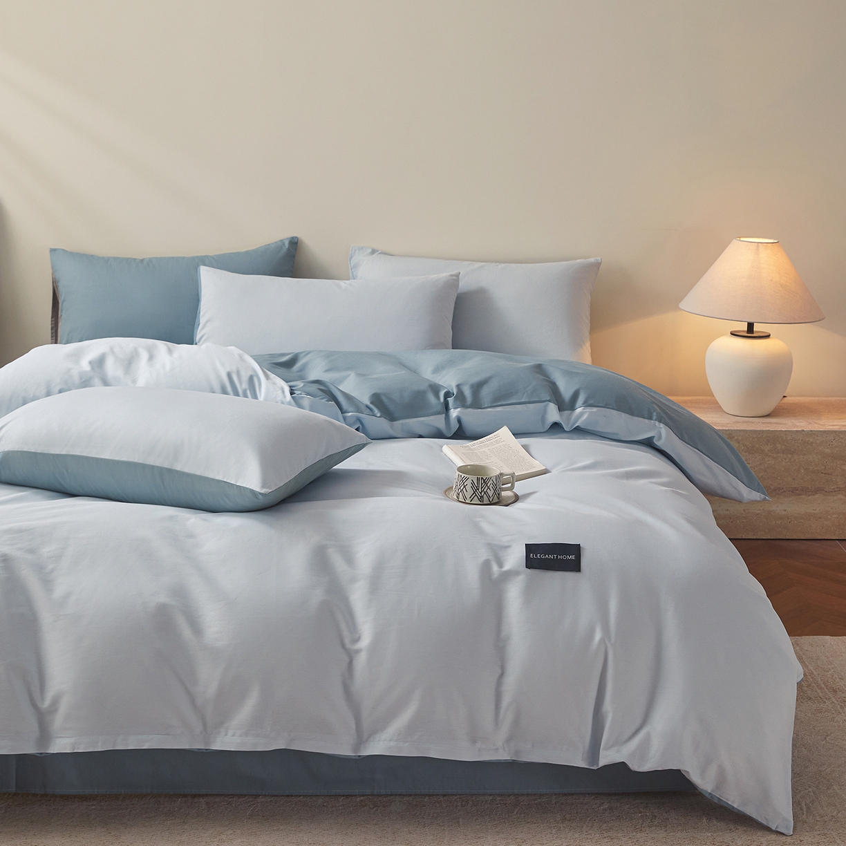 91家纺网 家纺一手货源 找家纺 寐眠 2026新款全棉纯棉纯色双拼四件套 浅蓝灰韵