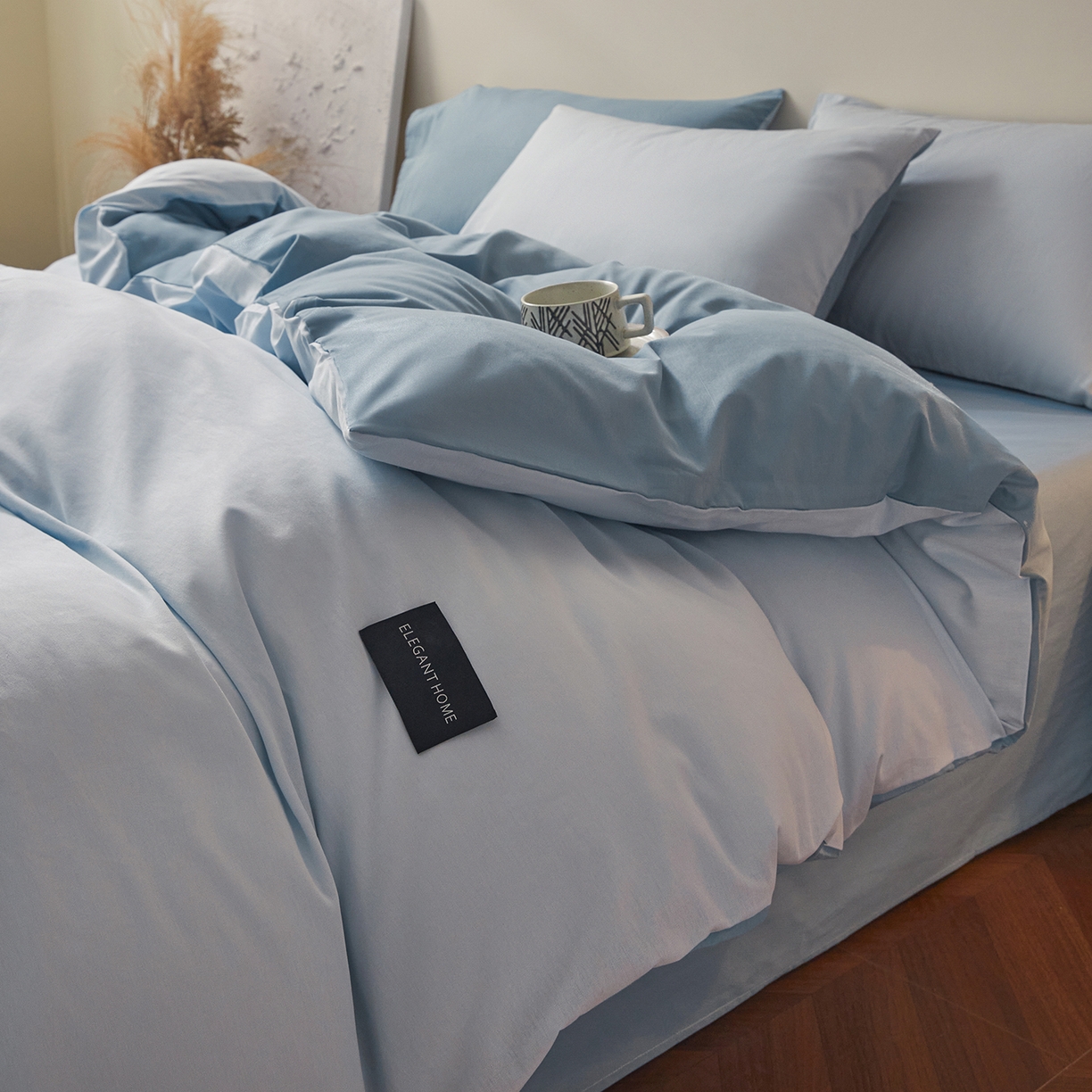 91家纺网 家纺一手货源 找家纺 寐眠 2026新款全棉纯棉纯色双拼四件套 浅蓝灰韵