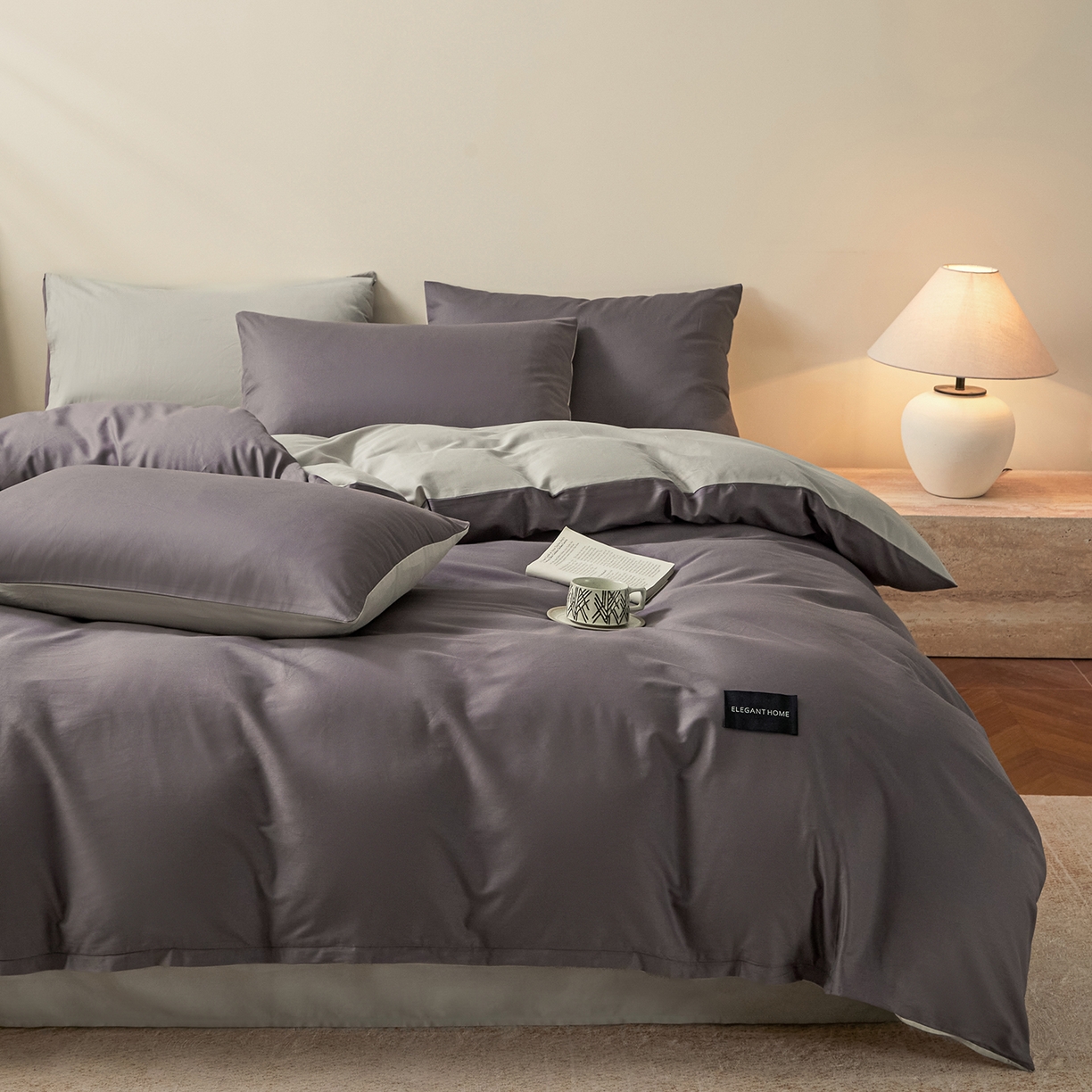 91家纺网 家纺一手货源 找家纺 寐眠 2026新款全棉纯棉纯色双拼四件套 灰调秘境