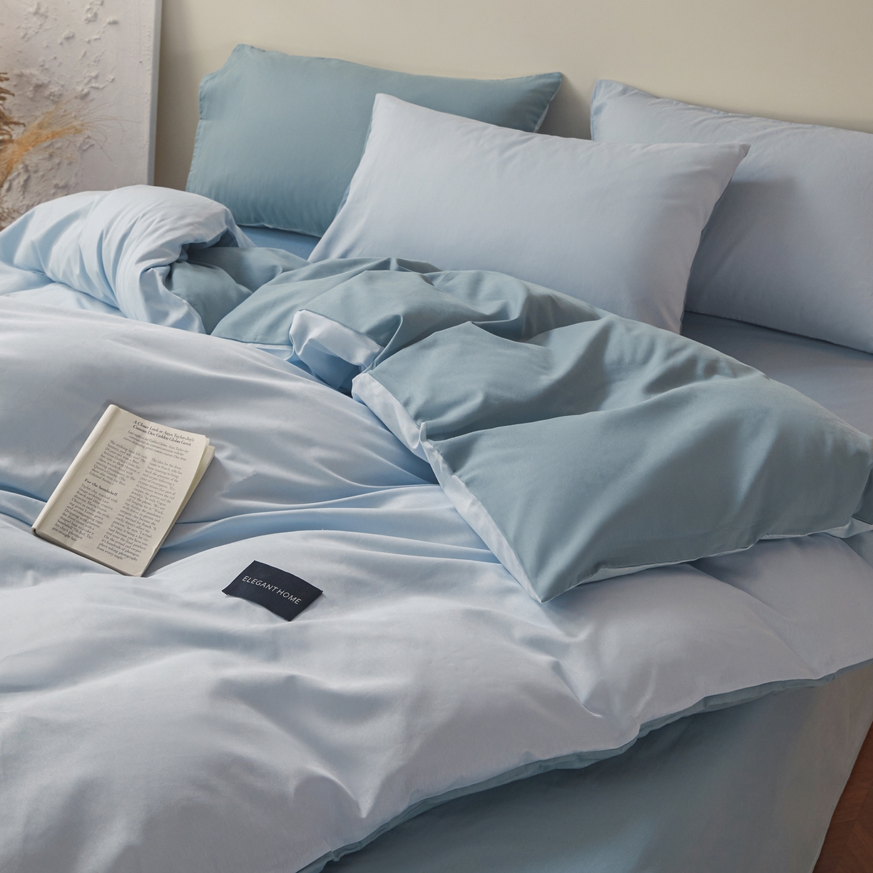 91家纺网 家纺一手货源 找家纺 寐眠 2026新款全棉纯棉纯色双拼四件套 浅蓝灰韵