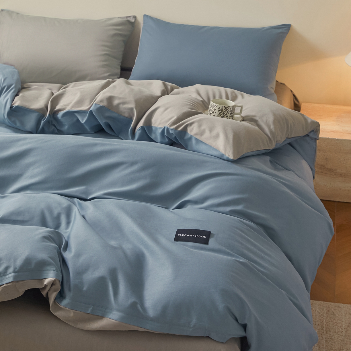 91家纺网 家纺一手货源 找家纺 寐眠 2026新款全棉纯棉纯色双拼四件套 海韵蓝灰