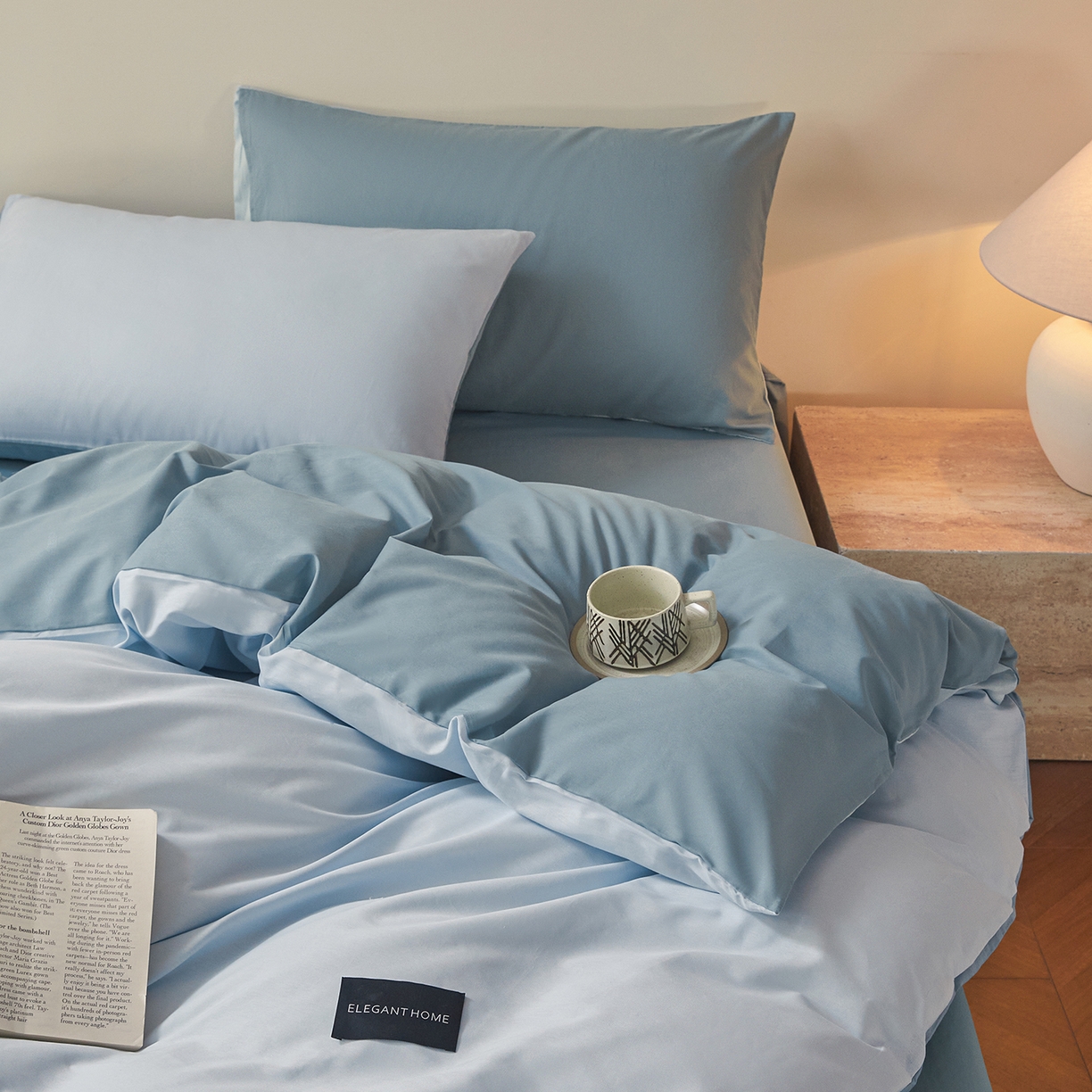 91家纺网 家纺一手货源 找家纺 寐眠 2026新款全棉纯棉纯色双拼四件套 浅蓝灰韵