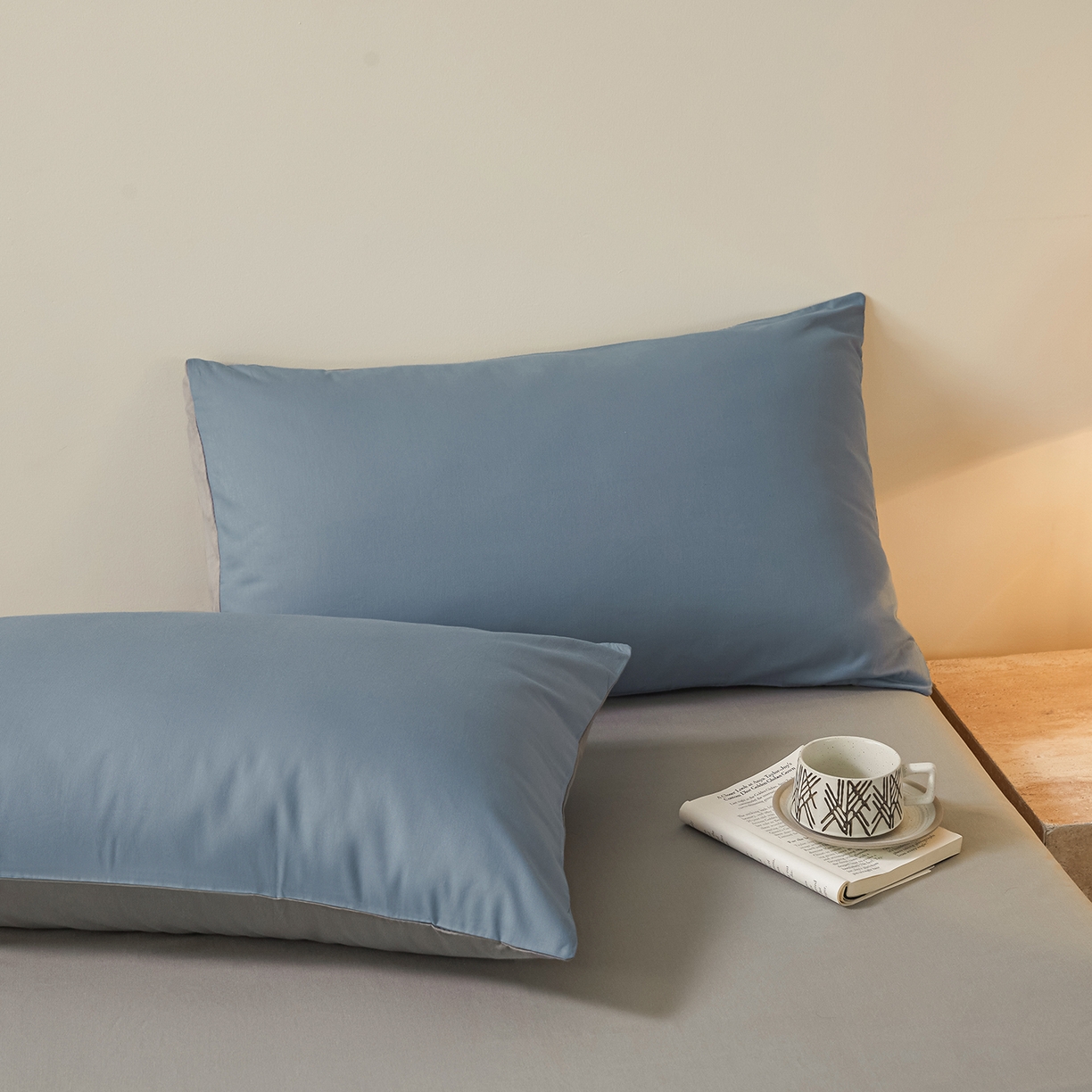 91家纺网 家纺一手货源 找家纺 寐眠 2026新款全棉纯棉纯色双拼四件套 海韵蓝灰