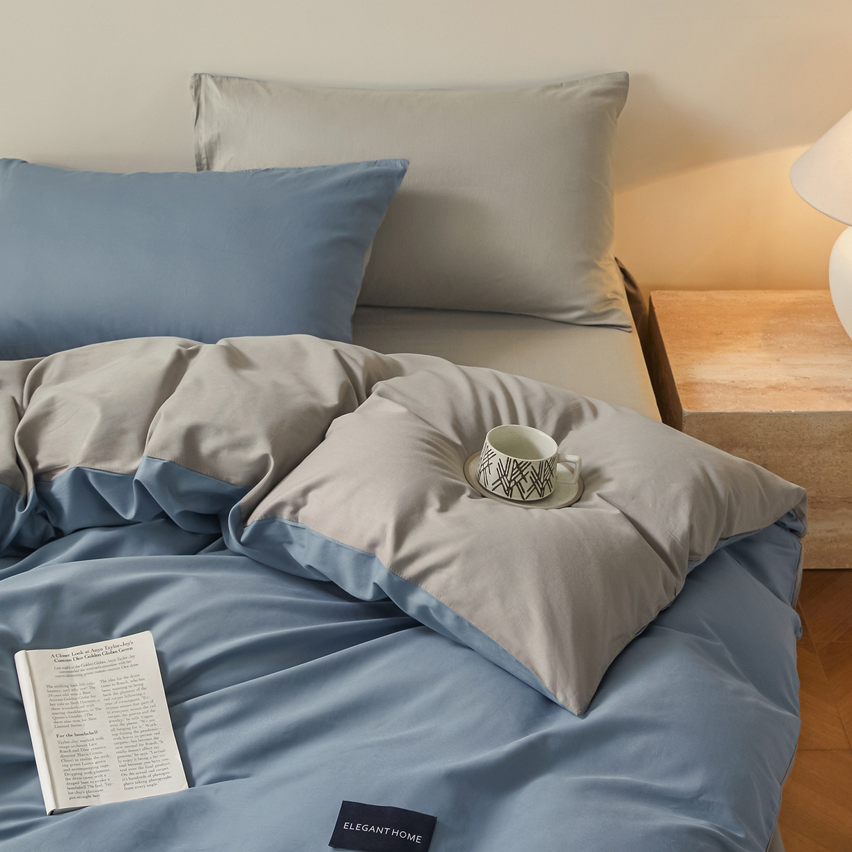 91家纺网 家纺一手货源 找家纺 寐眠 2026新款全棉纯棉纯色双拼四件套 海韵蓝灰