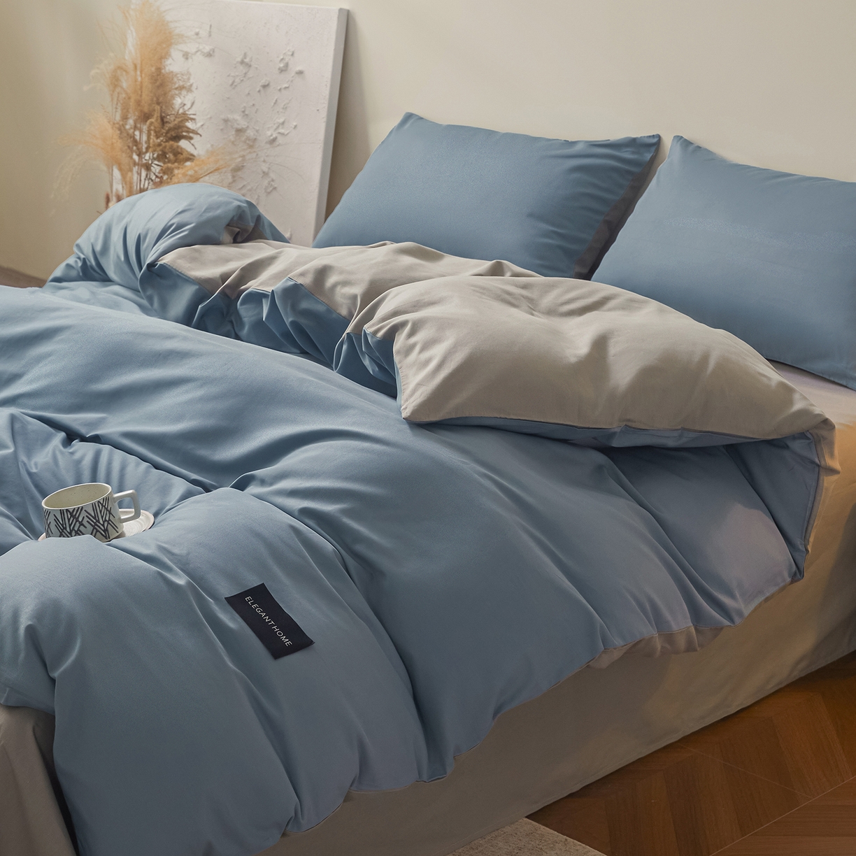 91家纺网 家纺一手货源 找家纺 寐眠 2026新款全棉纯棉纯色双拼四件套 海韵蓝灰