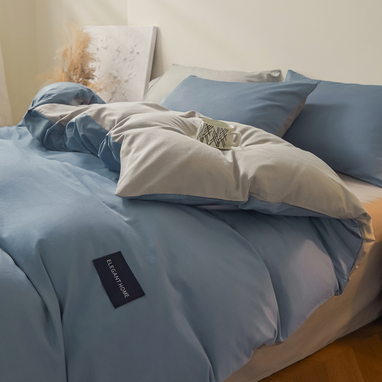 91家纺网 家纺一手货源 找家纺 寐眠 2026新款全棉纯棉纯色双拼四件套 海韵蓝灰