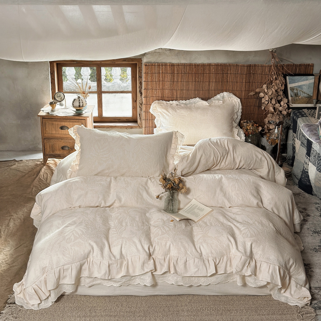 91家纺网 家纺一手货源 找家纺 壹和 2026新款A类双层花边棉麻四件套 仲夏叶