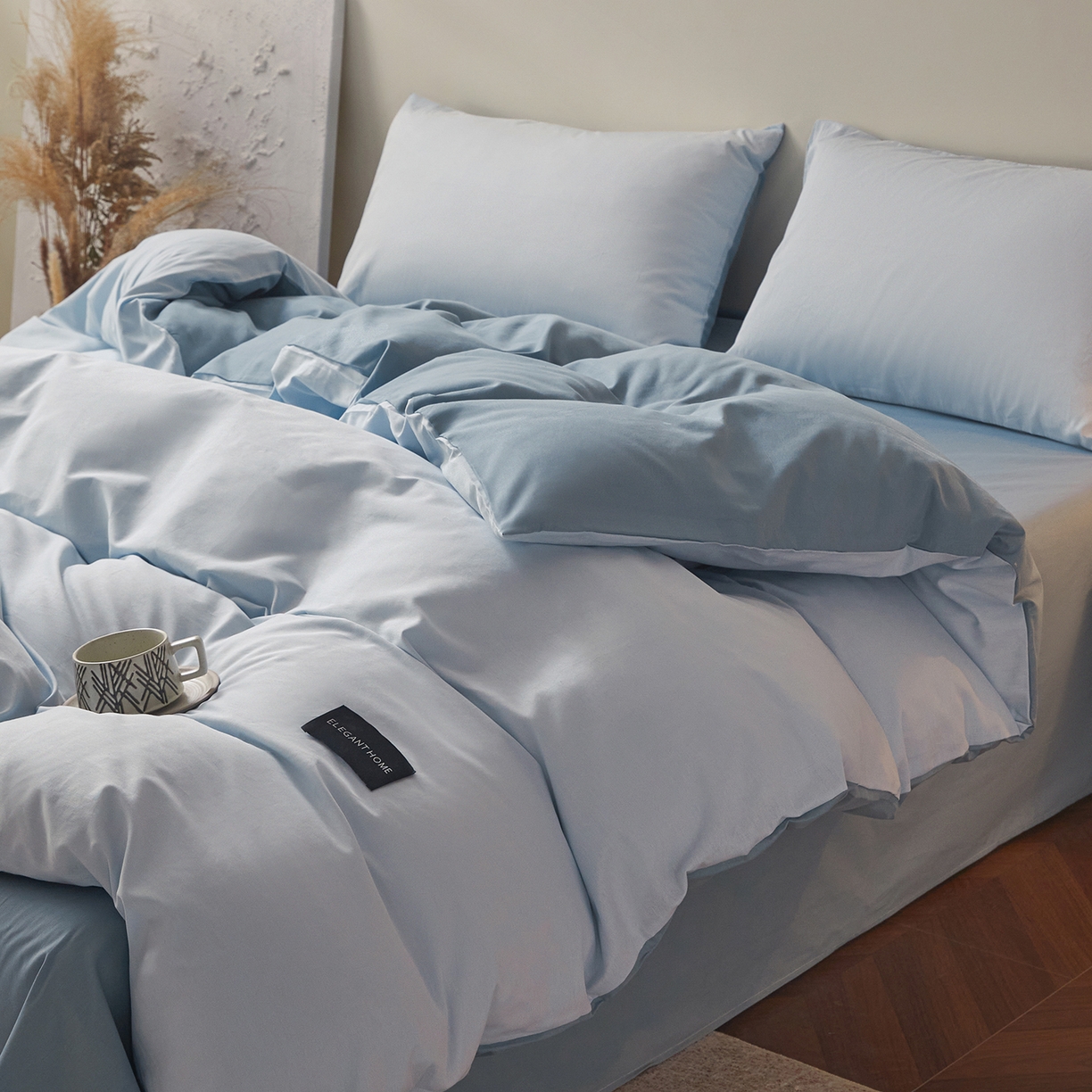 91家纺网 家纺一手货源 找家纺 寐眠 2026新款全棉纯棉纯色双拼四件套 浅蓝灰韵