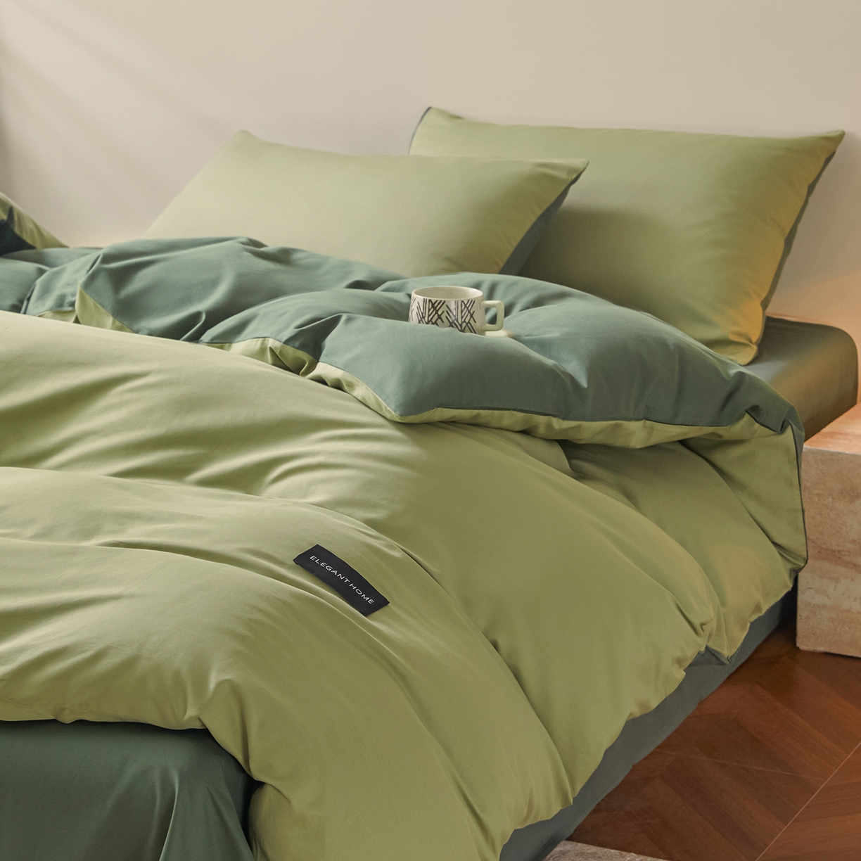 91家纺网 家纺一手货源 找家纺 寐眠 2026新款全棉纯棉纯色双拼四件套 抹茶绿韵