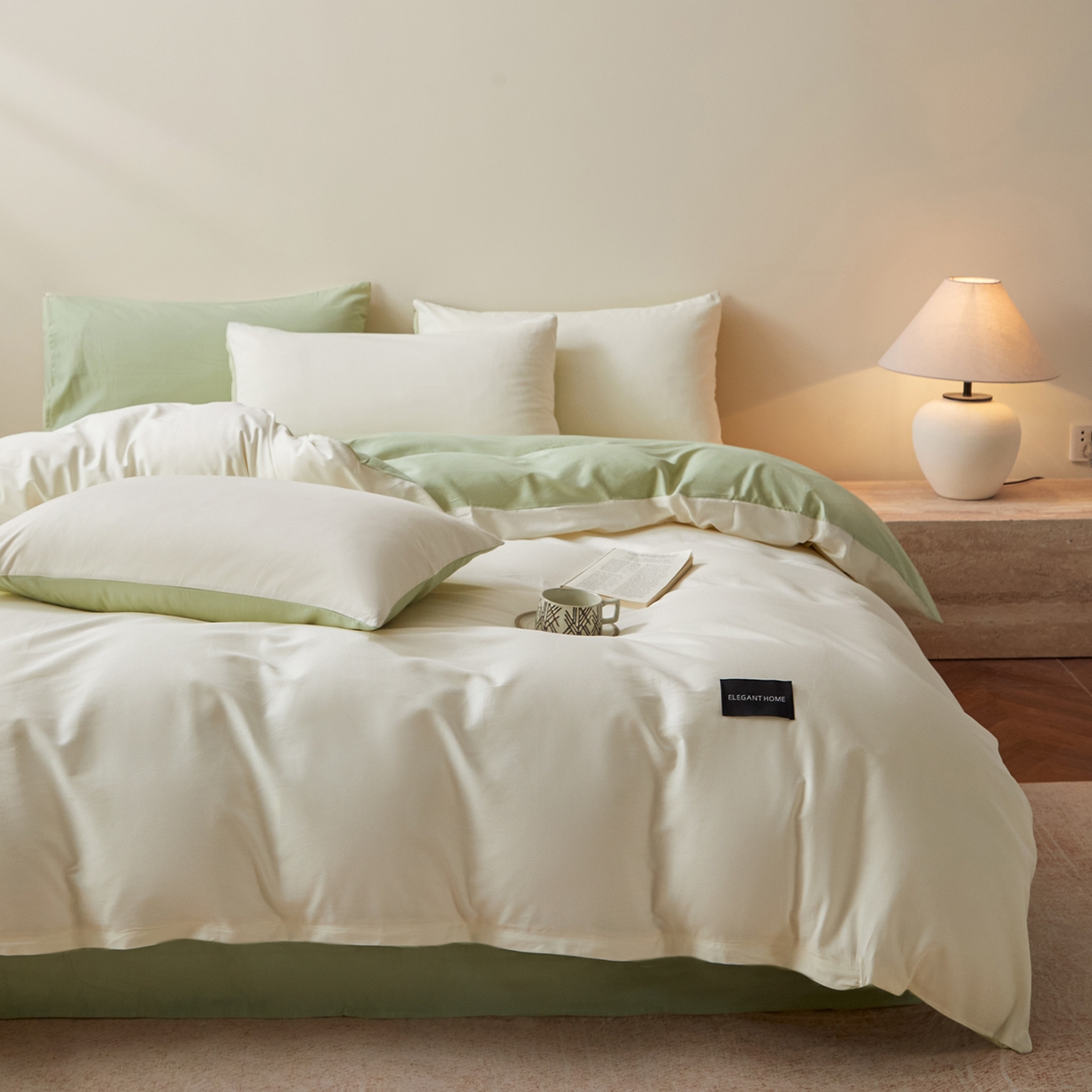 91家纺网 家纺一手货源 找家纺 寐眠 2026新款全棉纯棉纯色双拼四件套 青柠浅梦