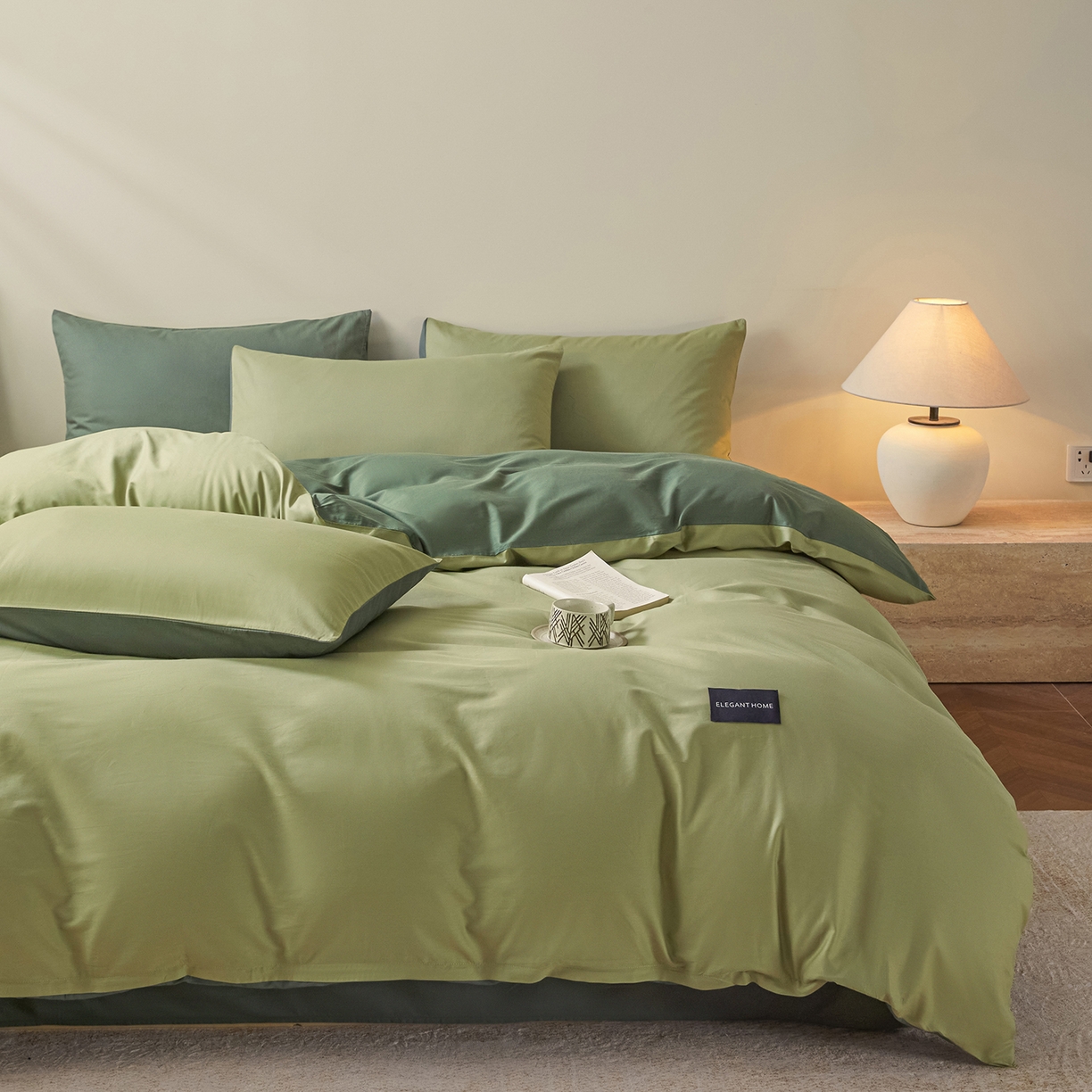 91家纺网 家纺一手货源 找家纺 寐眠 2026新款全棉纯棉纯色双拼四件套 抹茶绿韵