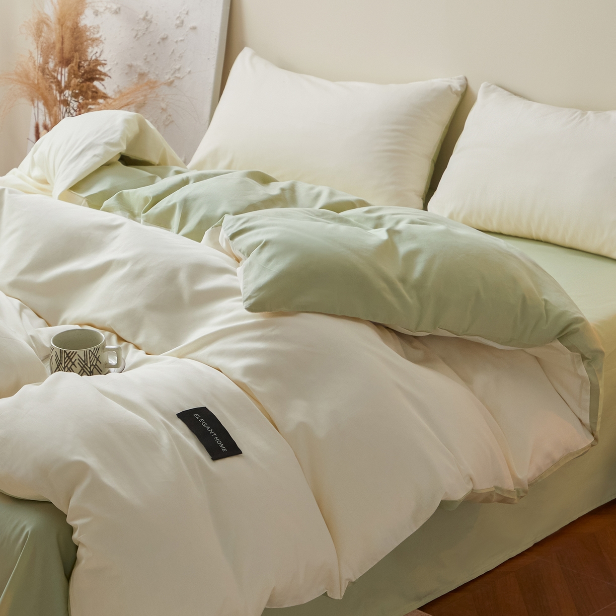 91家纺网 家纺一手货源 找家纺 寐眠 2026新款全棉纯棉纯色双拼四件套 青柠浅梦