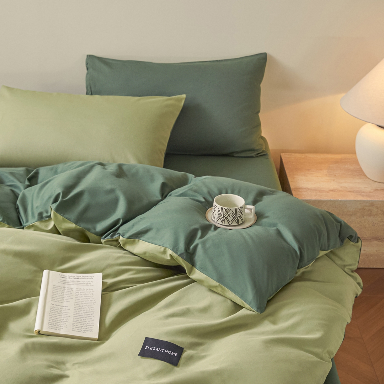 91家纺网 家纺一手货源 找家纺 寐眠 2026新款全棉纯棉纯色双拼四件套 抹茶绿韵