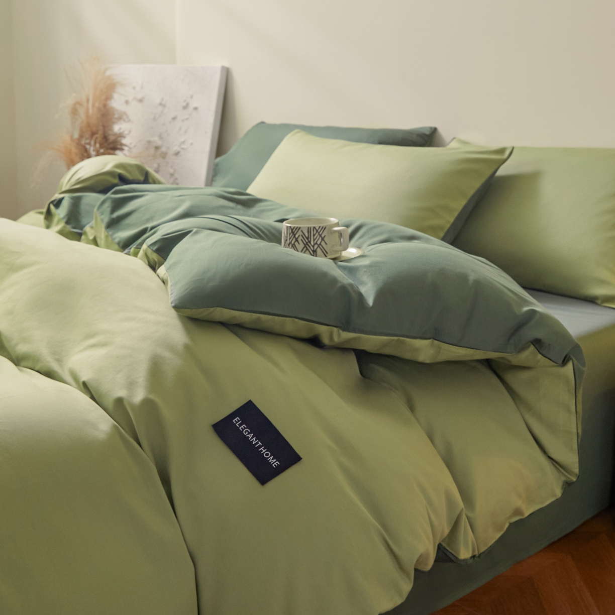 91家纺网 家纺一手货源 找家纺 寐眠 2026新款全棉纯棉纯色双拼四件套 抹茶绿韵