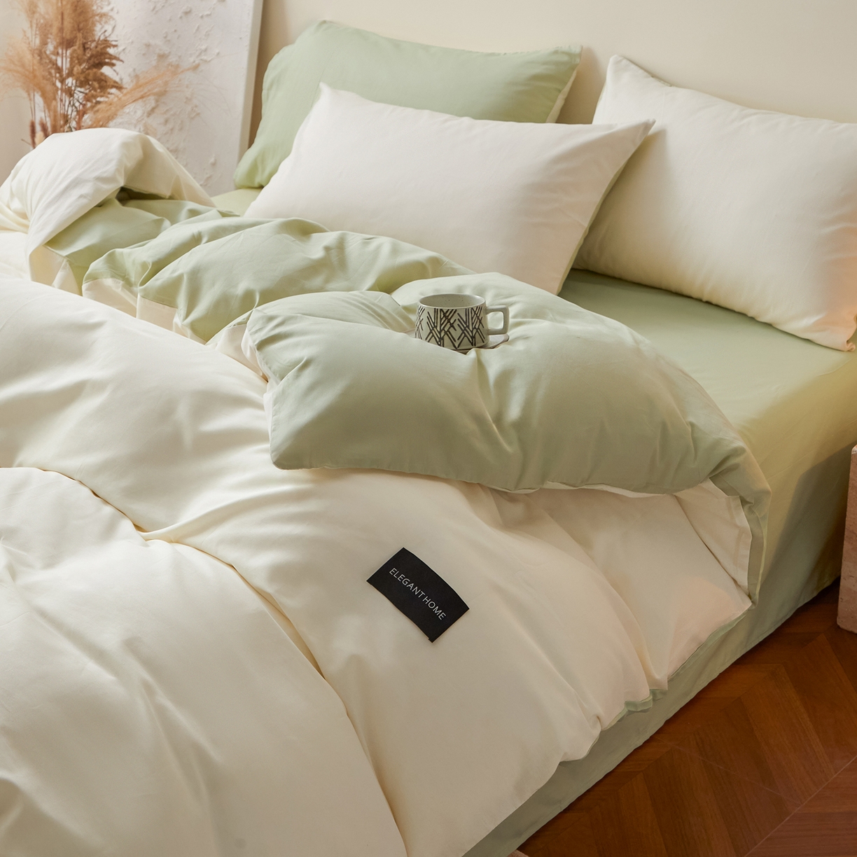 91家纺网 家纺一手货源 找家纺 寐眠 2026新款全棉纯棉纯色双拼四件套 青柠浅梦