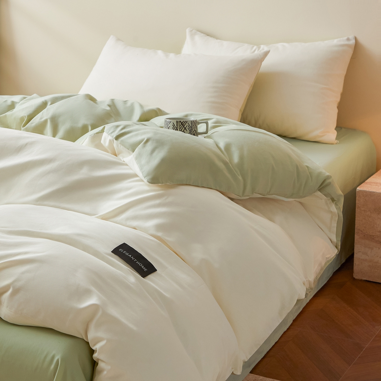 91家纺网 家纺一手货源 找家纺 寐眠 2026新款全棉纯棉纯色双拼四件套 青柠浅梦
