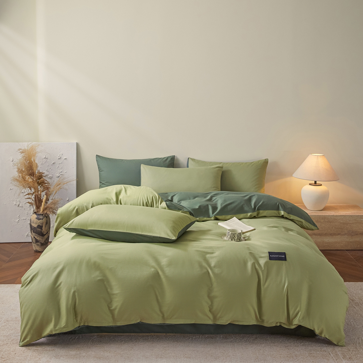 91家纺网 家纺一手货源 找家纺 寐眠 2026新款全棉纯棉纯色双拼四件套 抹茶绿韵