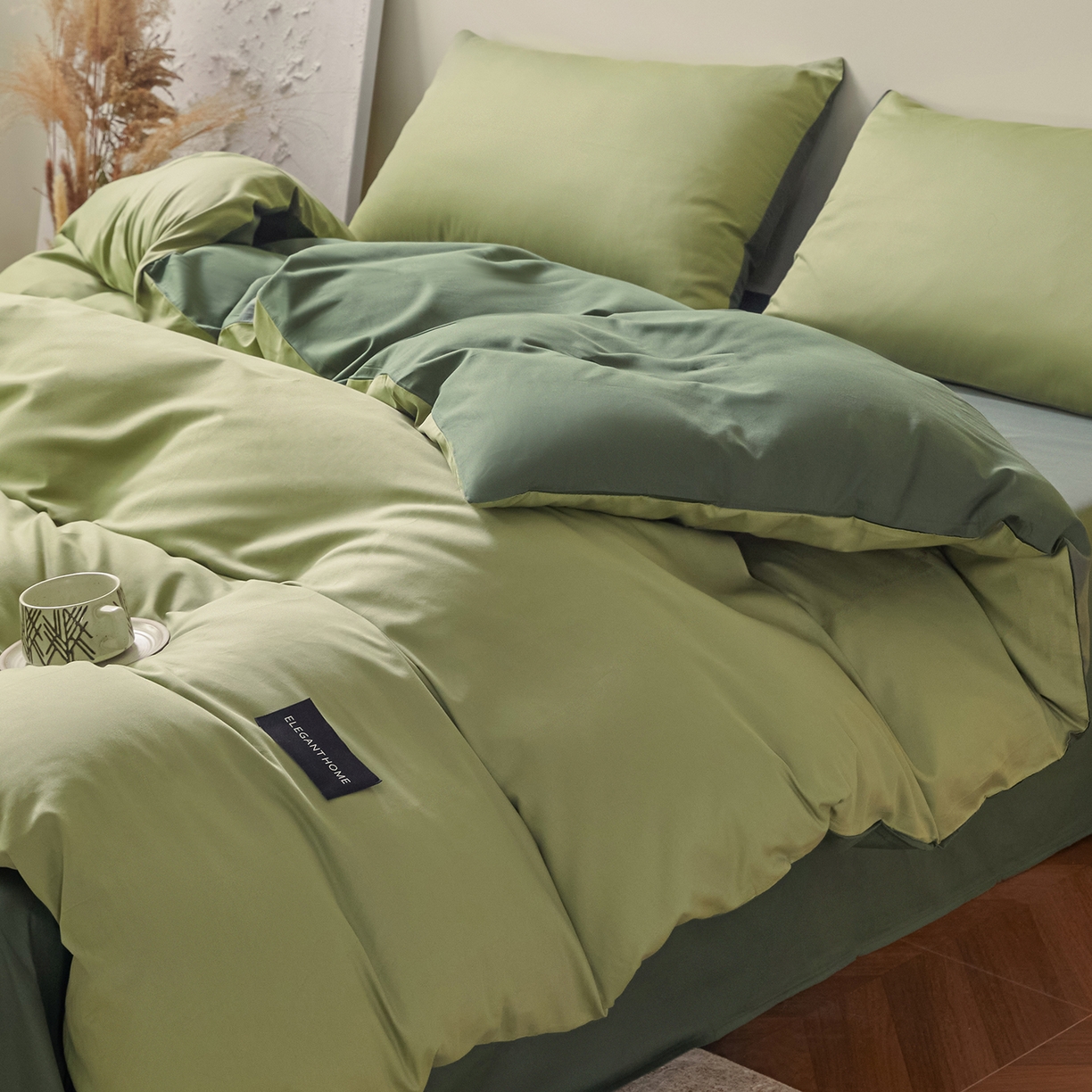 91家纺网 家纺一手货源 找家纺 寐眠 2026新款全棉纯棉纯色双拼四件套 抹茶绿韵