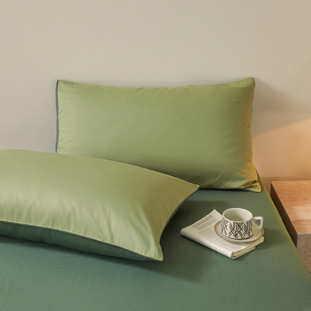 91家纺网 家纺一手货源 找家纺 寐眠 2026新款全棉纯棉纯色双拼四件套 抹茶绿韵