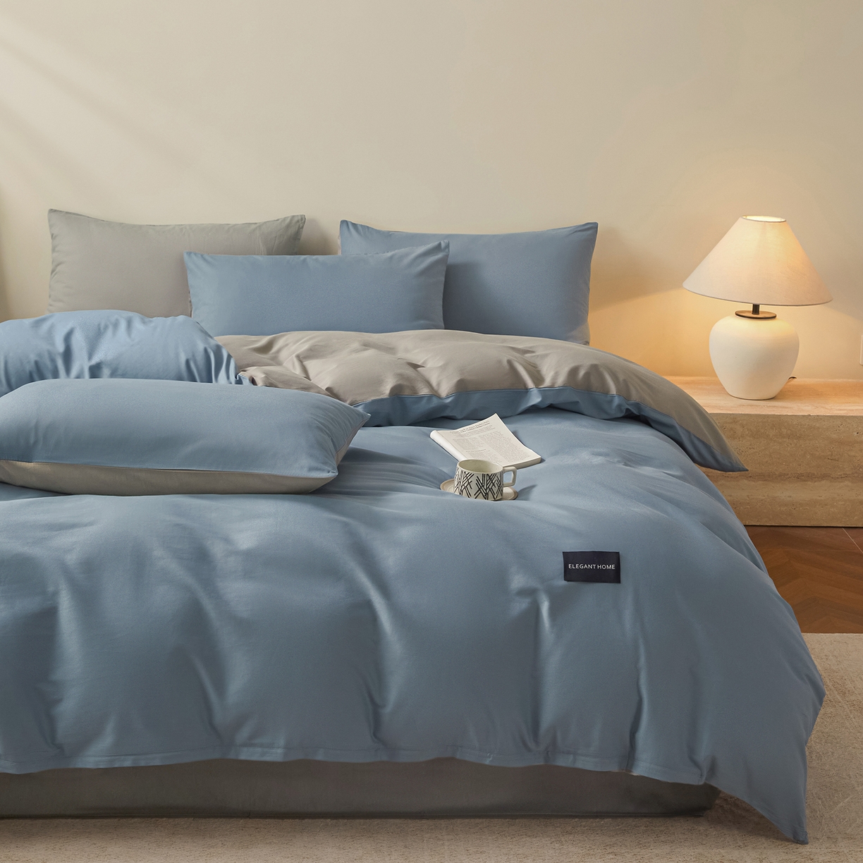 91家纺网 家纺一手货源 找家纺 寐眠 2026新款全棉纯棉纯色双拼四件套 海韵蓝灰