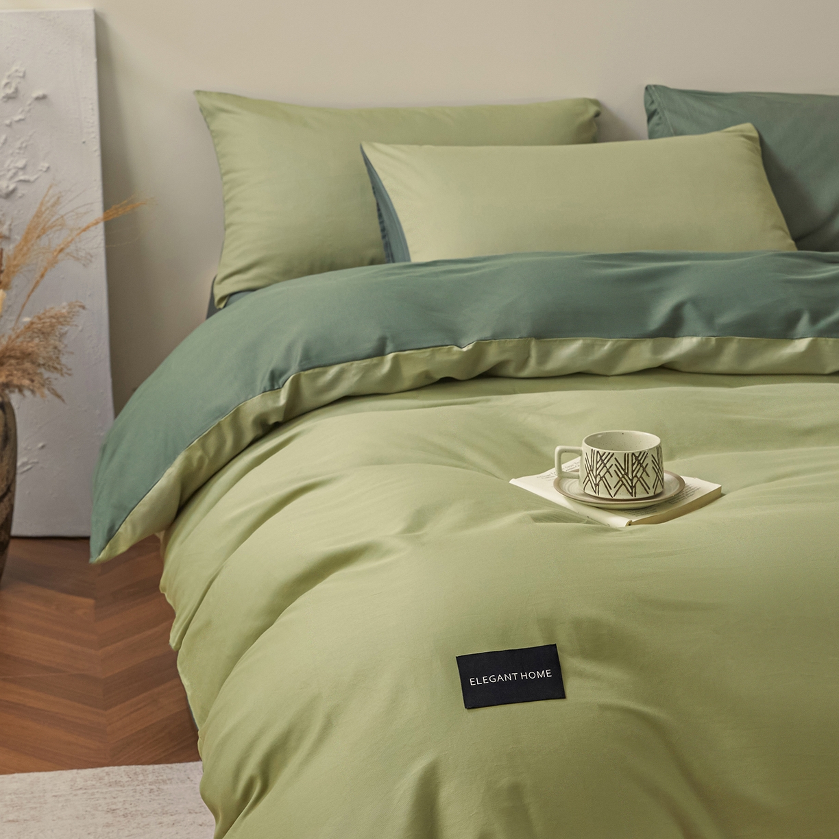 91家纺网 家纺一手货源 找家纺 寐眠 2026新款全棉纯棉纯色双拼四件套 抹茶绿韵