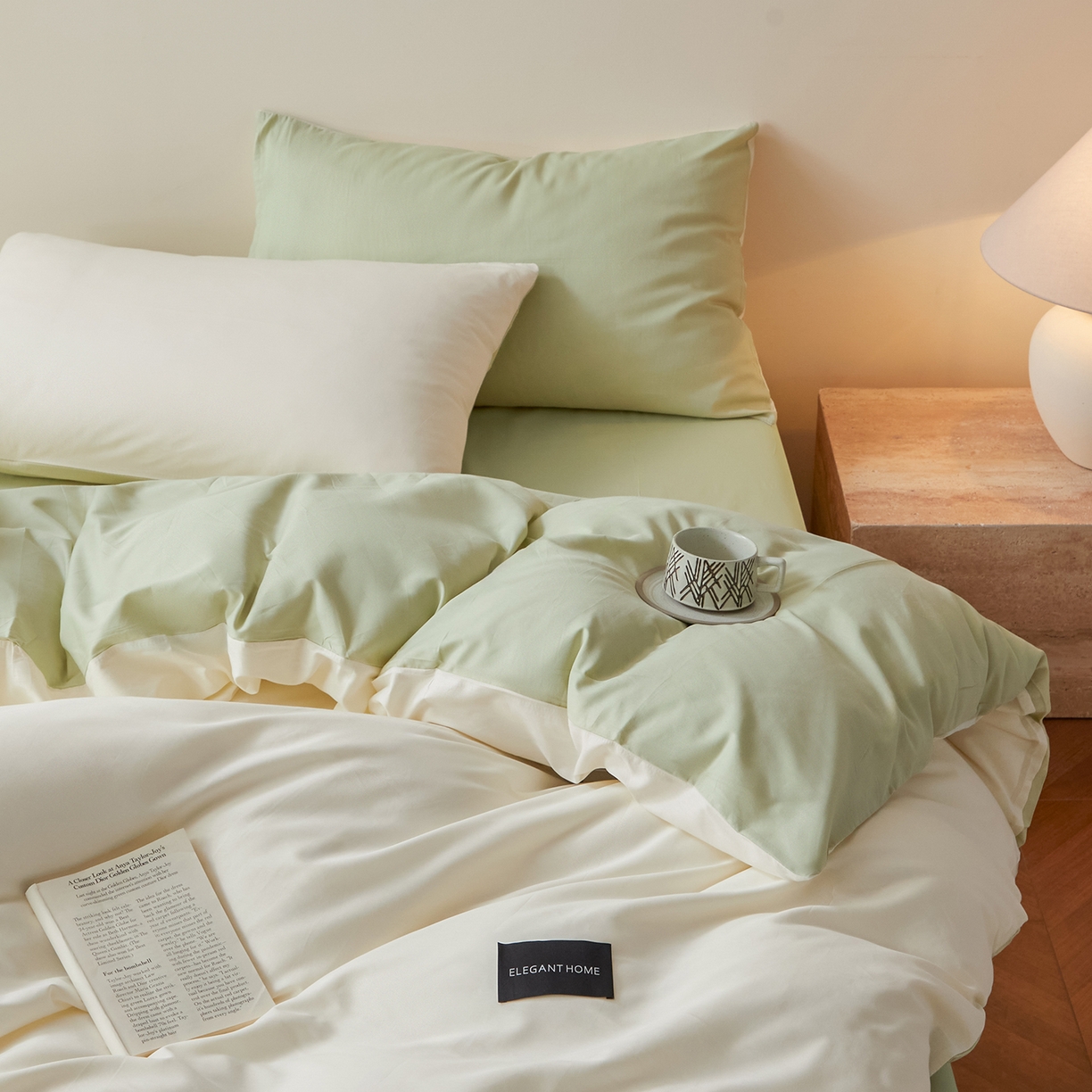 91家纺网 家纺一手货源 找家纺 寐眠 2026新款全棉纯棉纯色双拼四件套 青柠浅梦