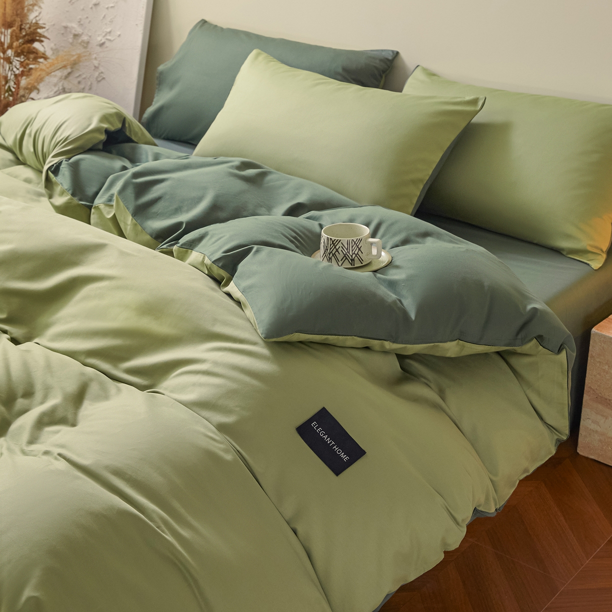 91家纺网 家纺一手货源 找家纺 寐眠 2026新款全棉纯棉纯色双拼四件套 抹茶绿韵