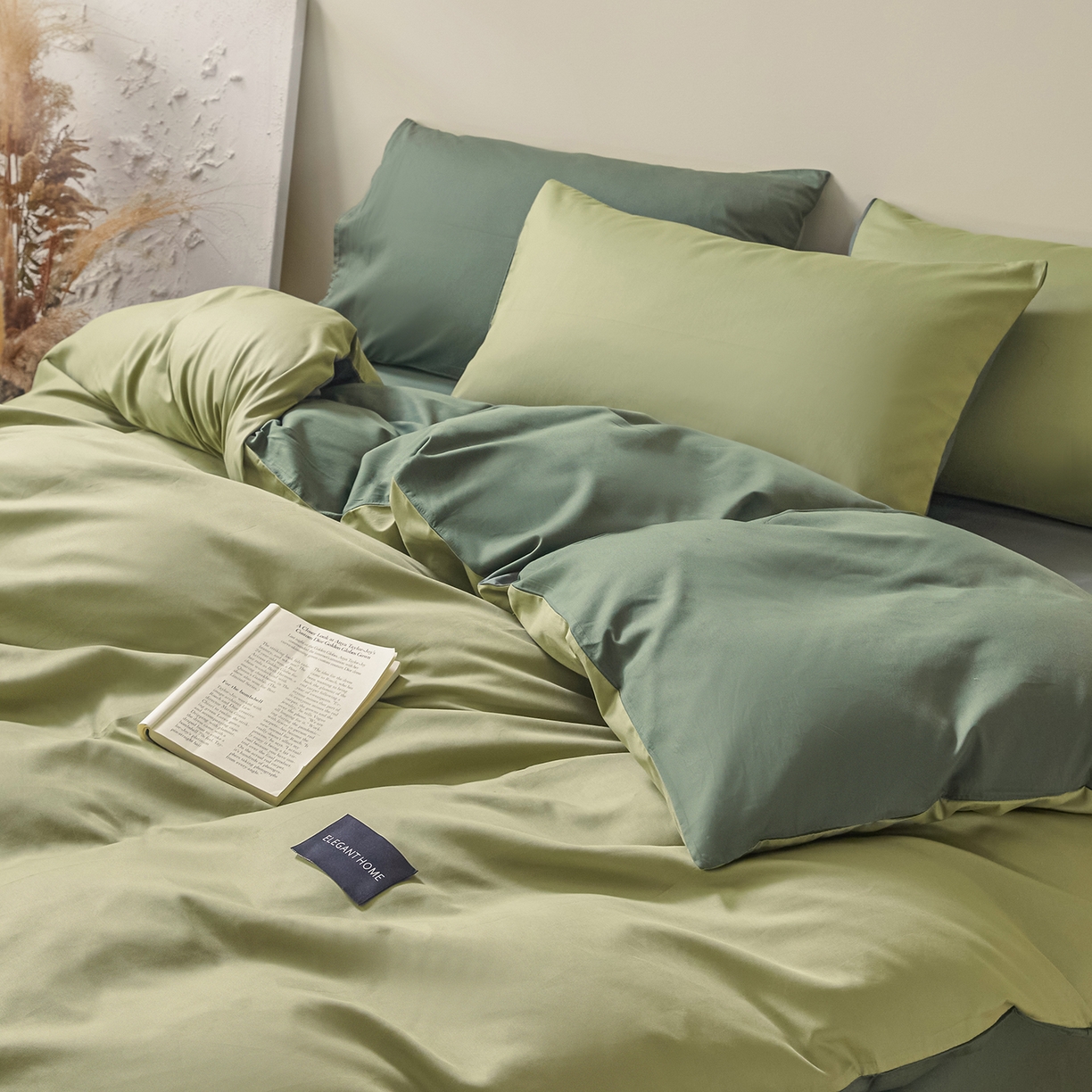 91家纺网 家纺一手货源 找家纺 寐眠 2026新款全棉纯棉纯色双拼四件套 抹茶绿韵
