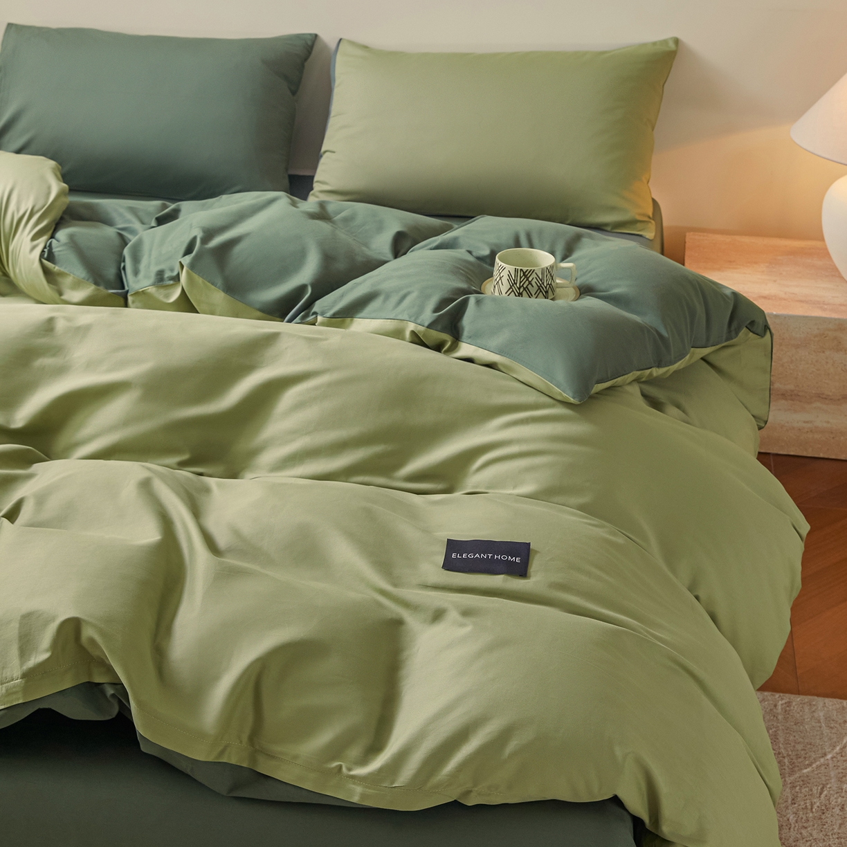 91家纺网 家纺一手货源 找家纺 寐眠 2026新款全棉纯棉纯色双拼四件套 抹茶绿韵