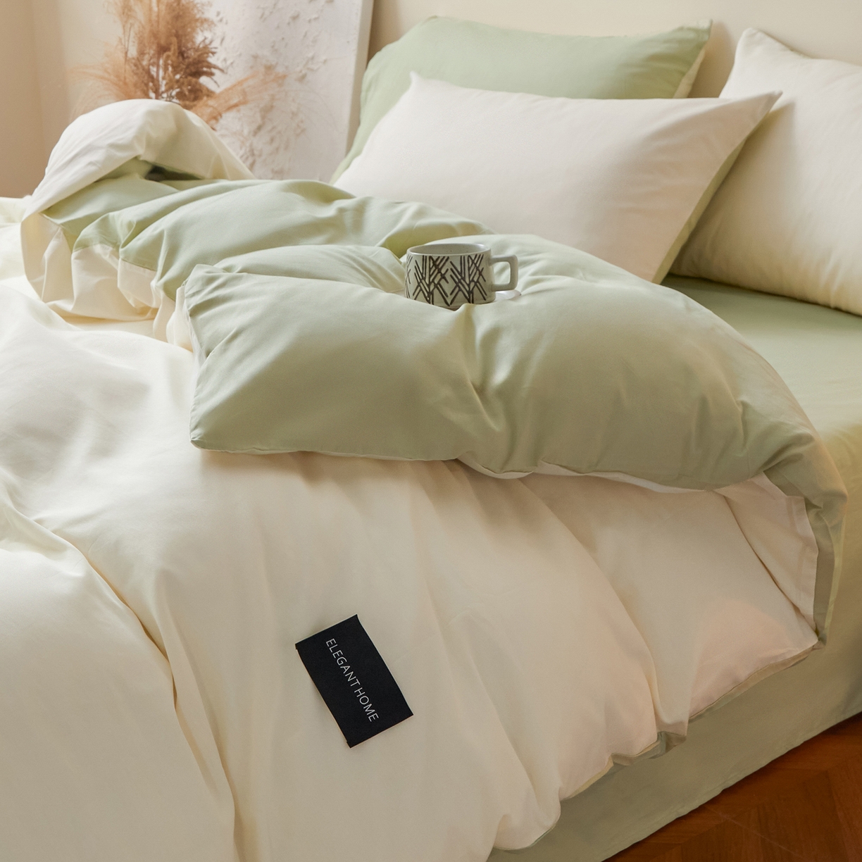 91家纺网 家纺一手货源 找家纺 寐眠 2026新款全棉纯棉纯色双拼四件套 青柠浅梦