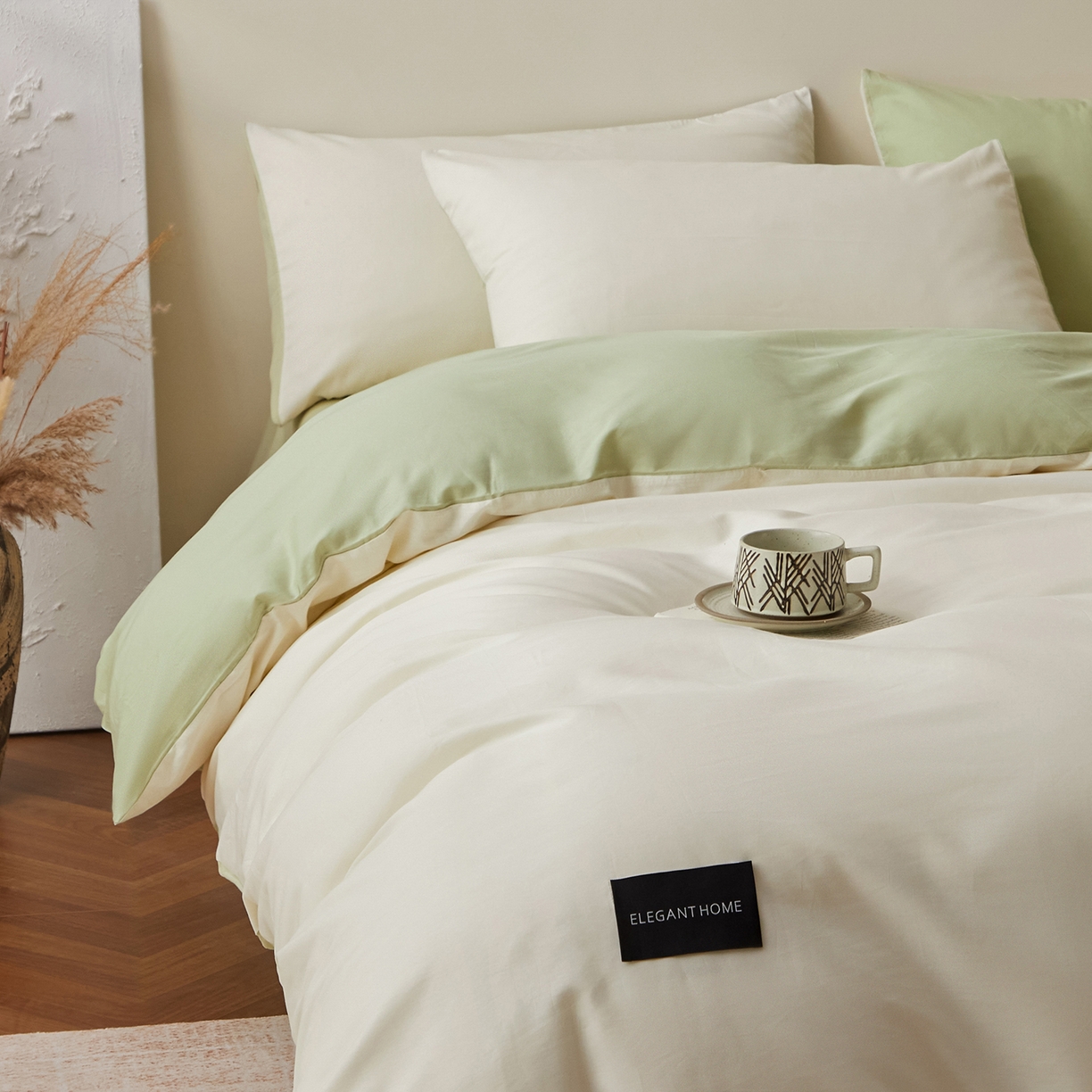 91家纺网 家纺一手货源 找家纺 寐眠 2026新款全棉纯棉纯色双拼四件套 青柠浅梦