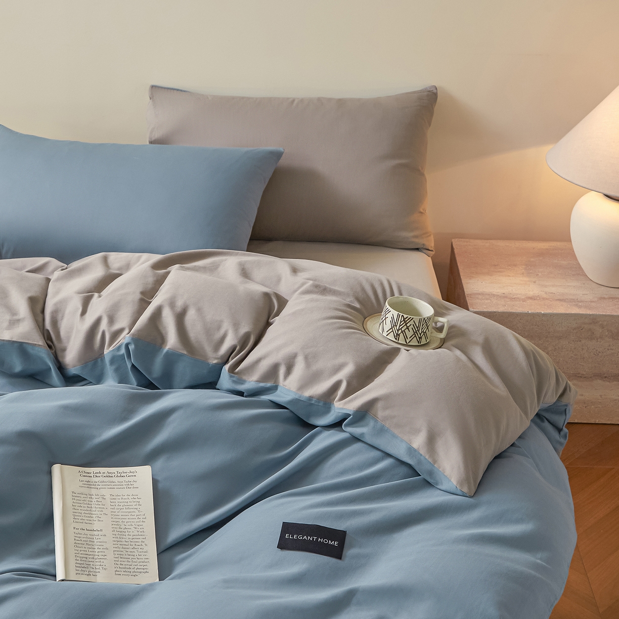 91家纺网 家纺一手货源 找家纺 寐眠 2026新款全棉纯棉纯色双拼四件套 蓝影静眠