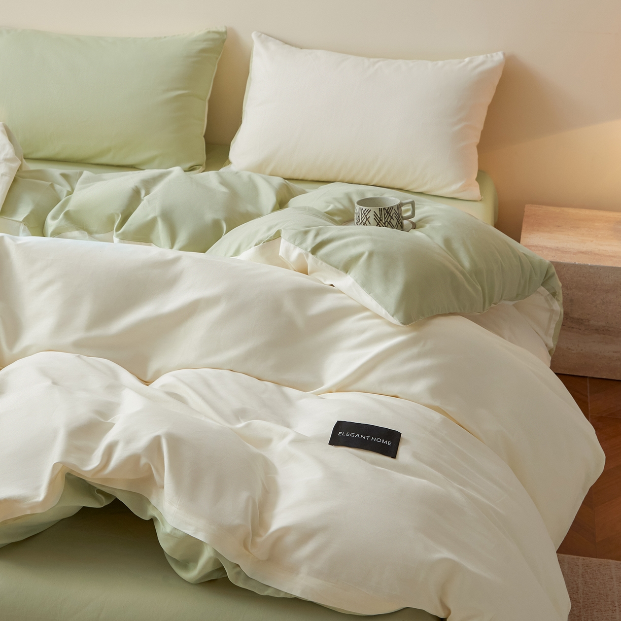 91家纺网 家纺一手货源 找家纺 寐眠 2026新款全棉纯棉纯色双拼四件套 青柠浅梦