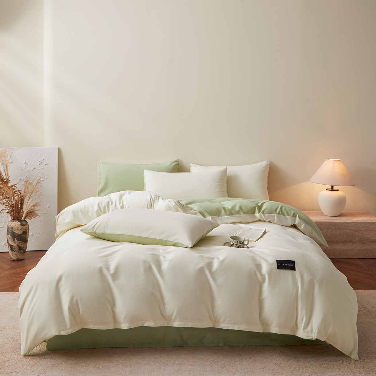 91家纺网 家纺一手货源 找家纺 寐眠 2026新款全棉纯棉纯色双拼四件套 青柠浅梦