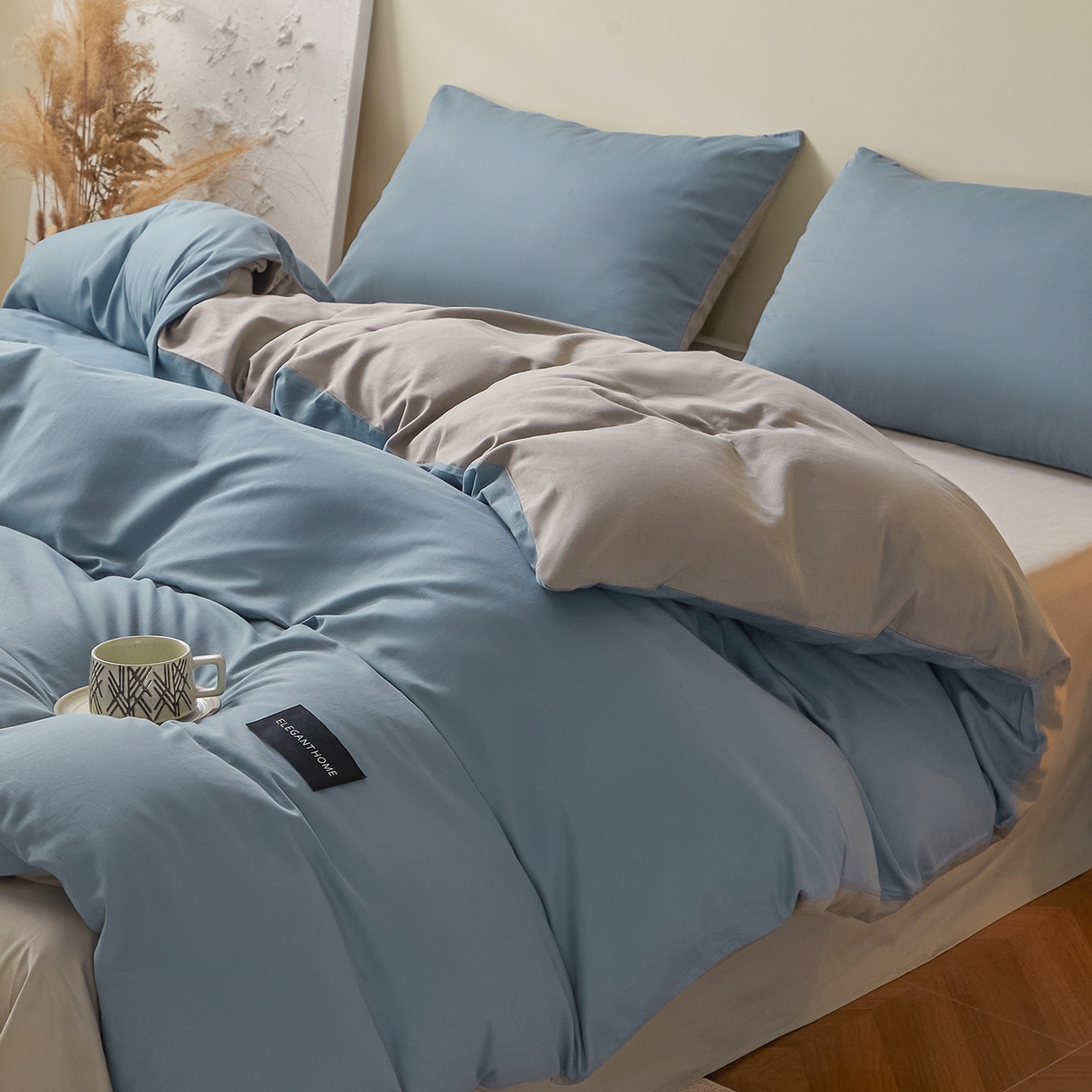 91家纺网 家纺一手货源 找家纺 寐眠 2026新款全棉纯棉纯色双拼四件套 蓝影静眠