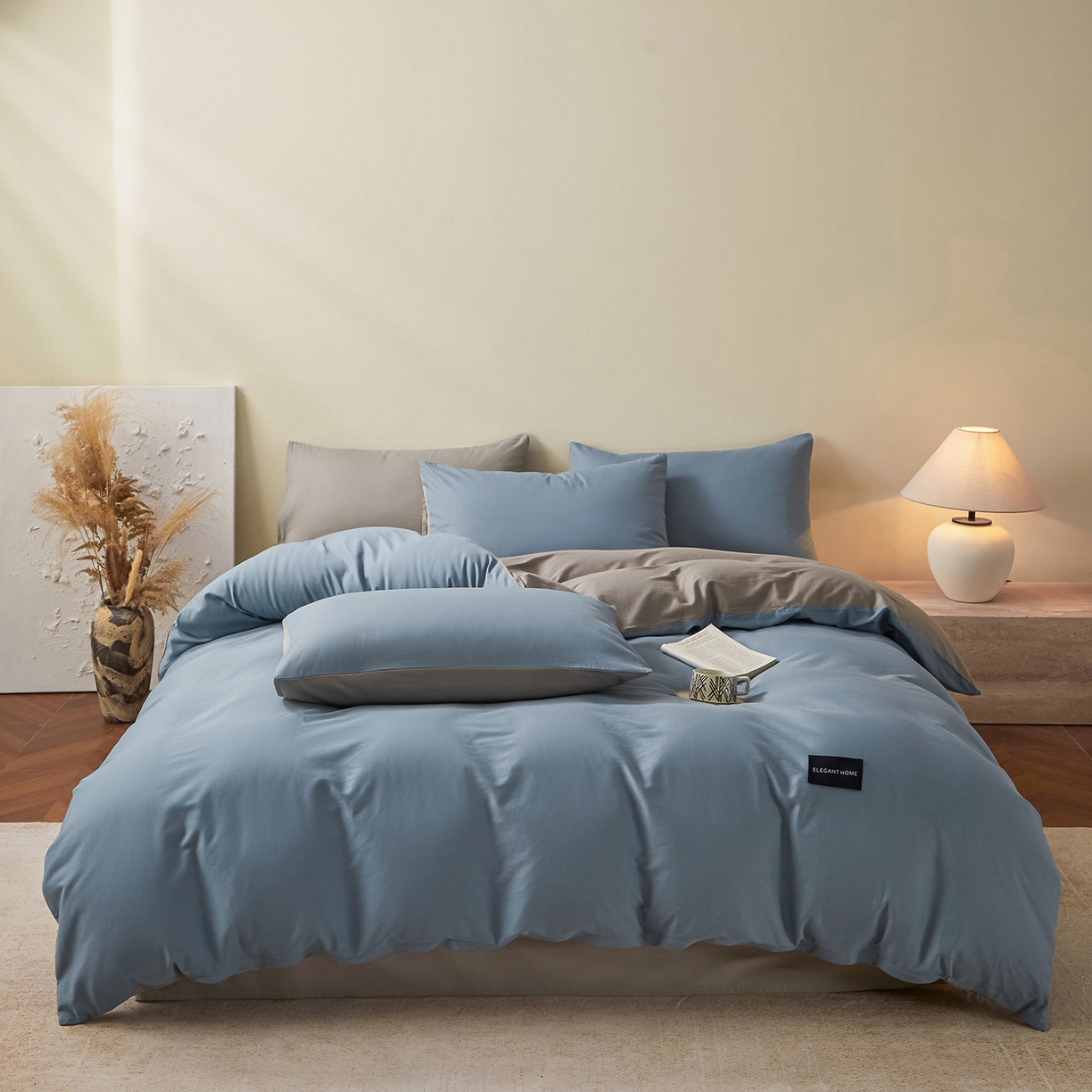 91家纺网 家纺一手货源 找家纺 寐眠 2026新款全棉纯棉纯色双拼四件套 蓝影静眠