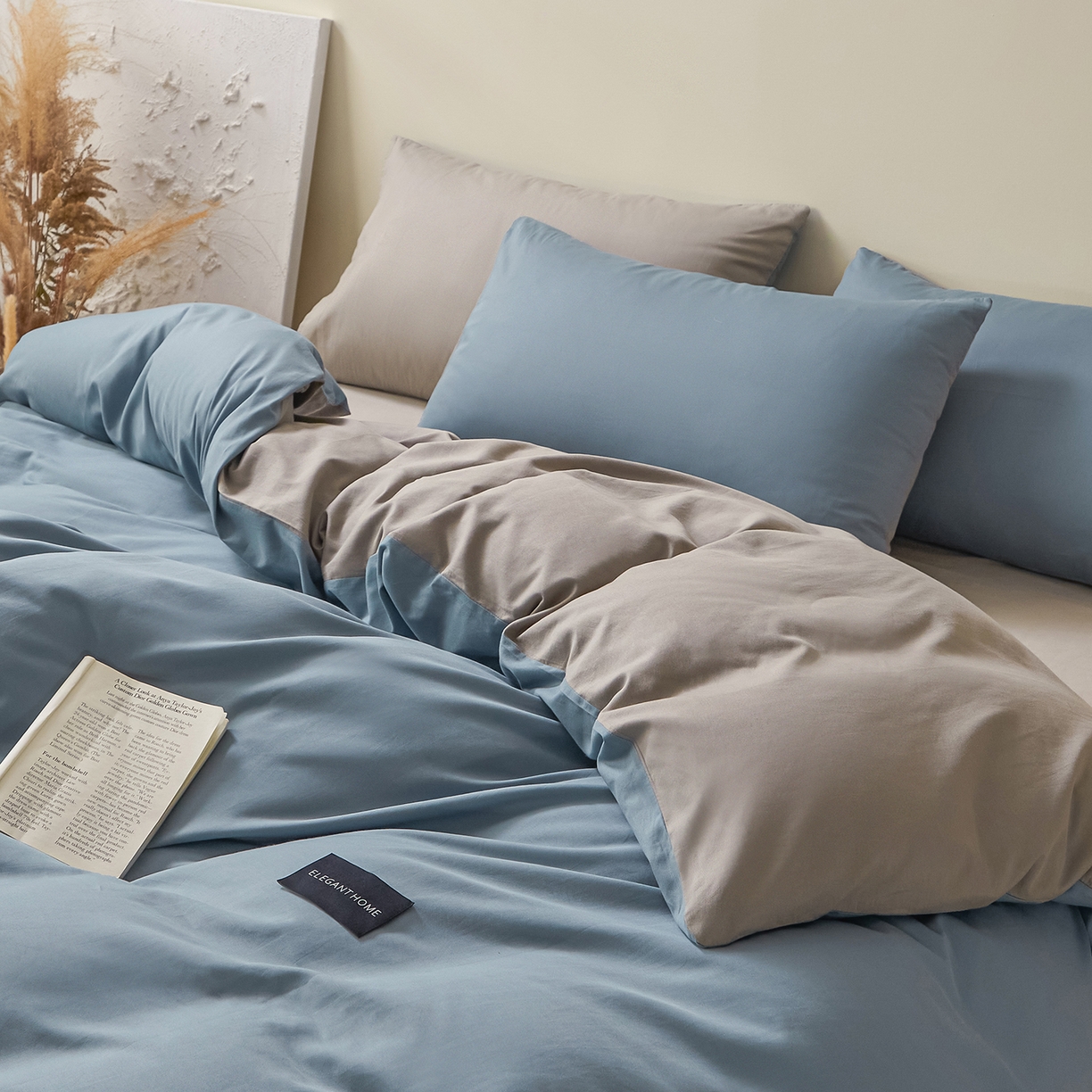 91家纺网 家纺一手货源 找家纺 寐眠 2026新款全棉纯棉纯色双拼四件套 蓝影静眠