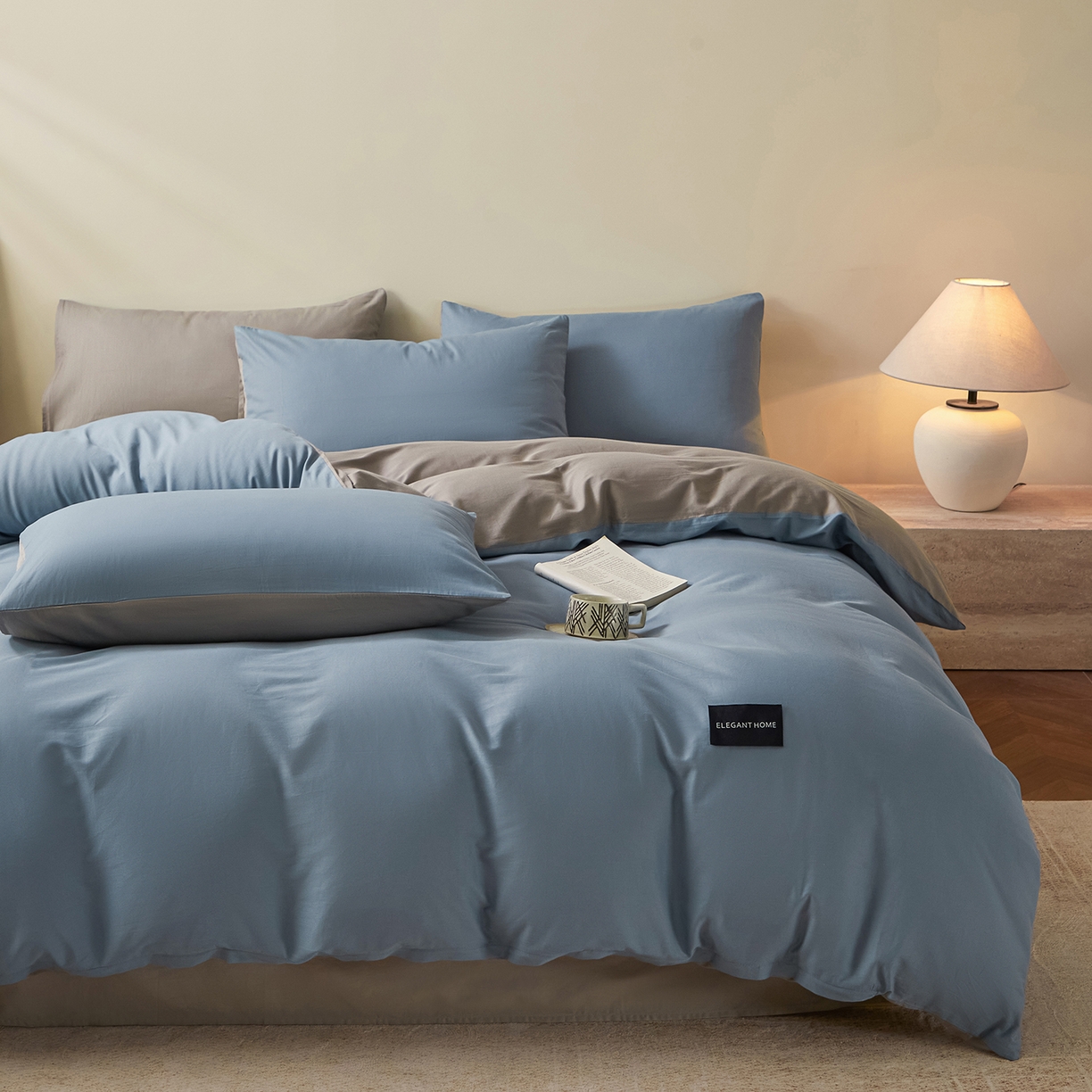 91家纺网 家纺一手货源 找家纺 寐眠 2026新款全棉纯棉纯色双拼四件套 蓝影静眠