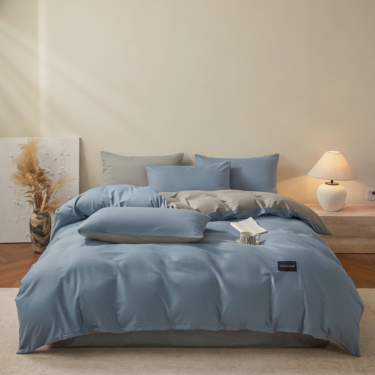 91家纺网 家纺一手货源 找家纺 寐眠 2026新款全棉纯棉纯色双拼四件套 海韵蓝灰