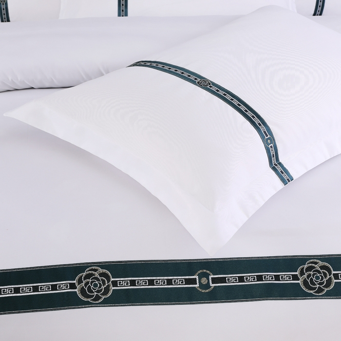 91家纺网 家纺一手货源 找家纺 好杰 2026新款加厚加密酒店布草织带四件套 花开富贵-绿