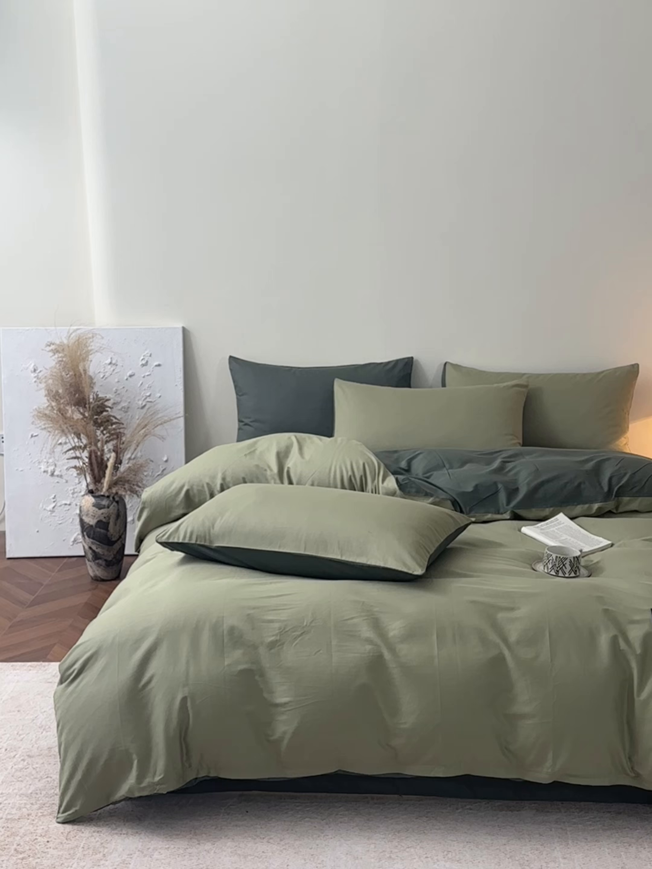 91家纺网 家纺一手货源 找家纺 寐眠 2026新款全棉纯棉纯色双拼四件套 抹茶绿韵