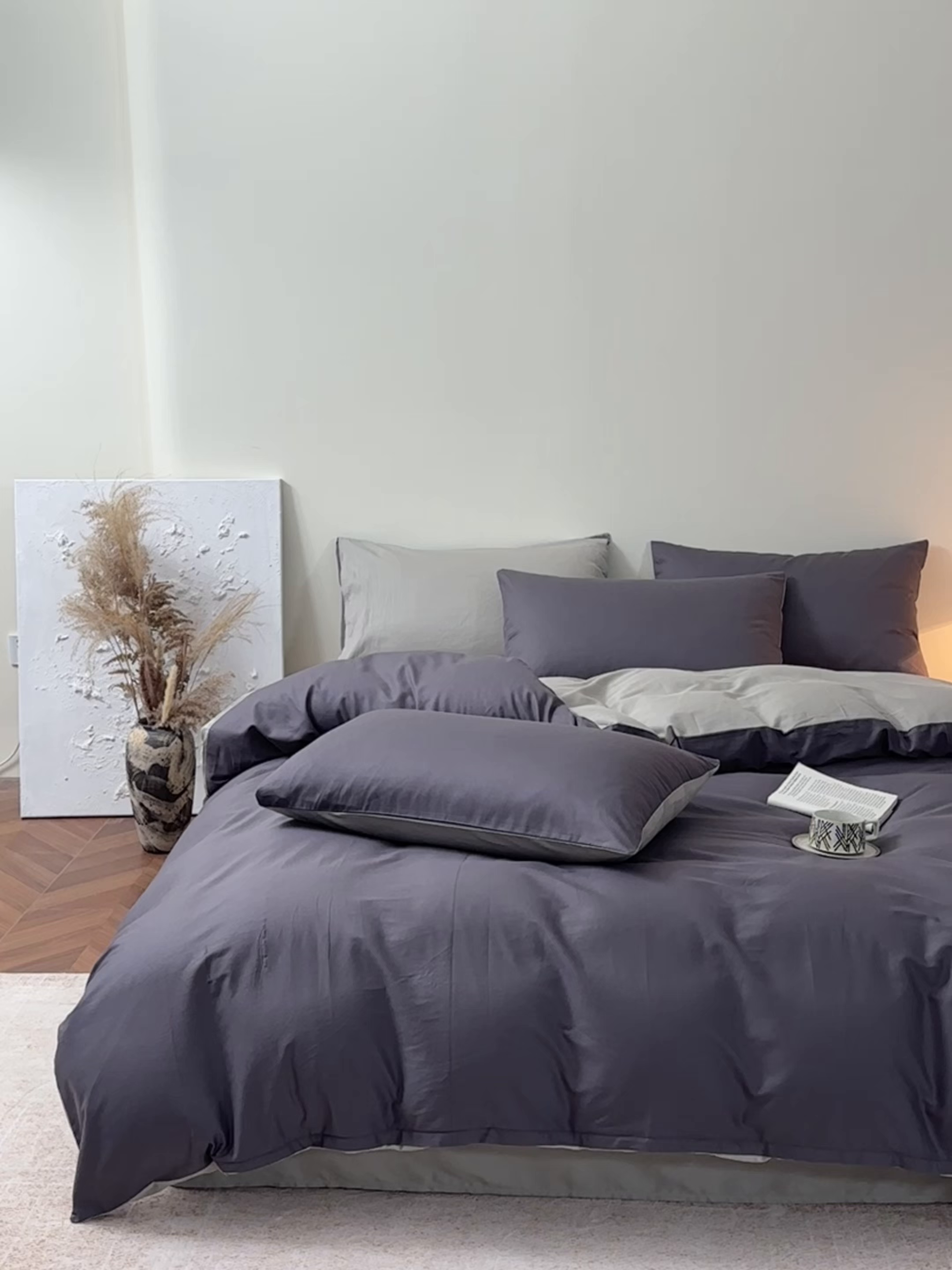 91家纺网 家纺一手货源 找家纺 寐眠 2026新款全棉纯棉纯色双拼四件套 灰调秘境