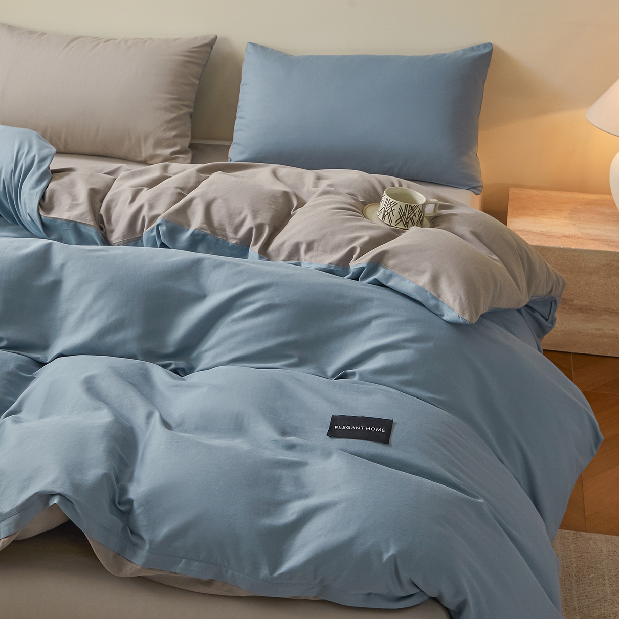 91家纺网 家纺一手货源 找家纺 寐眠 2026新款全棉纯棉纯色双拼四件套 蓝影静眠