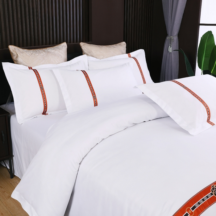 91家纺网 家纺一手货源 找家纺 好杰 2026新款加厚加密酒店布草织带四件套 花开富贵-桔