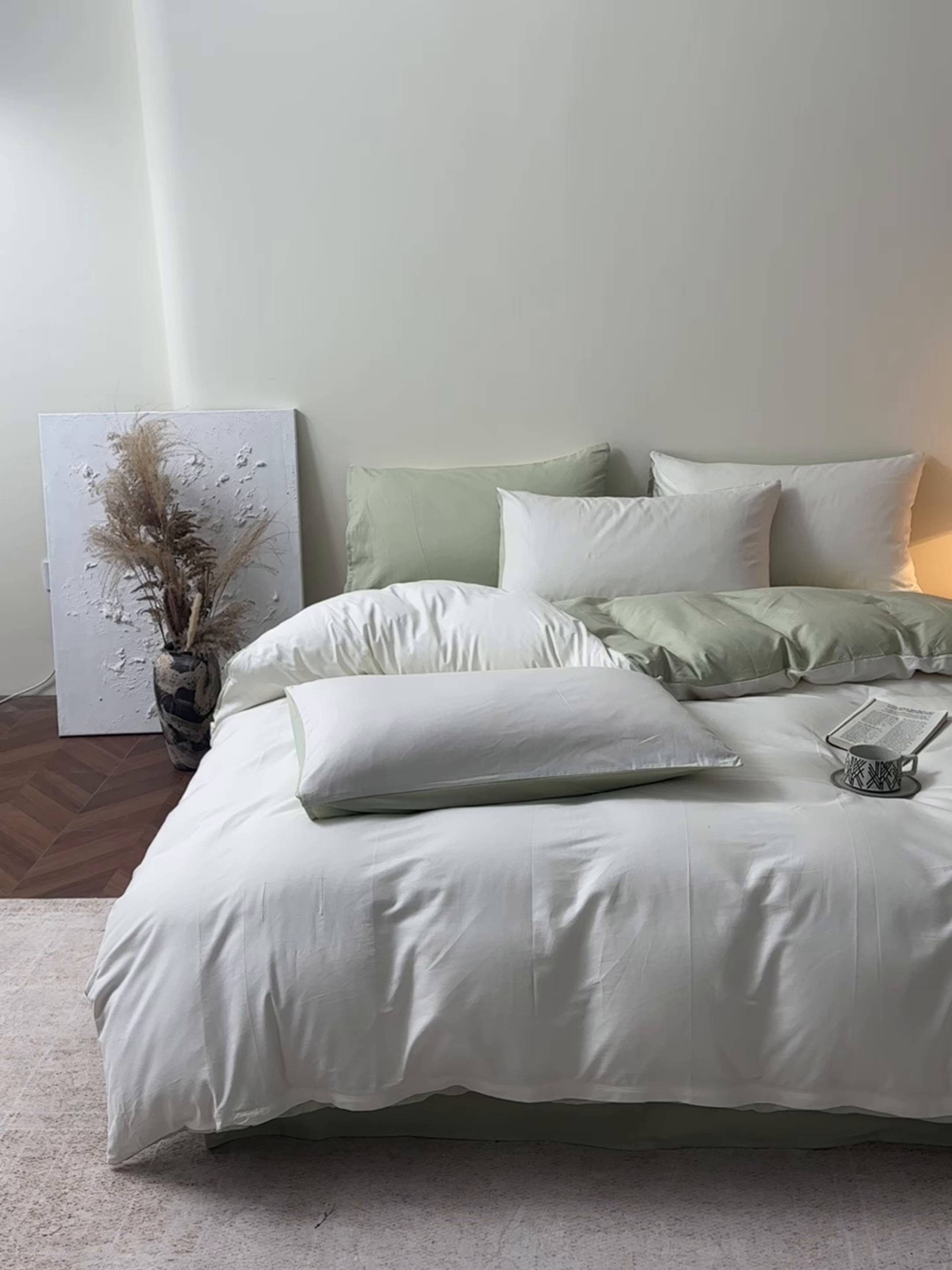 91家纺网 家纺一手货源 找家纺 寐眠 2026新款全棉纯棉纯色双拼四件套 青柠浅梦